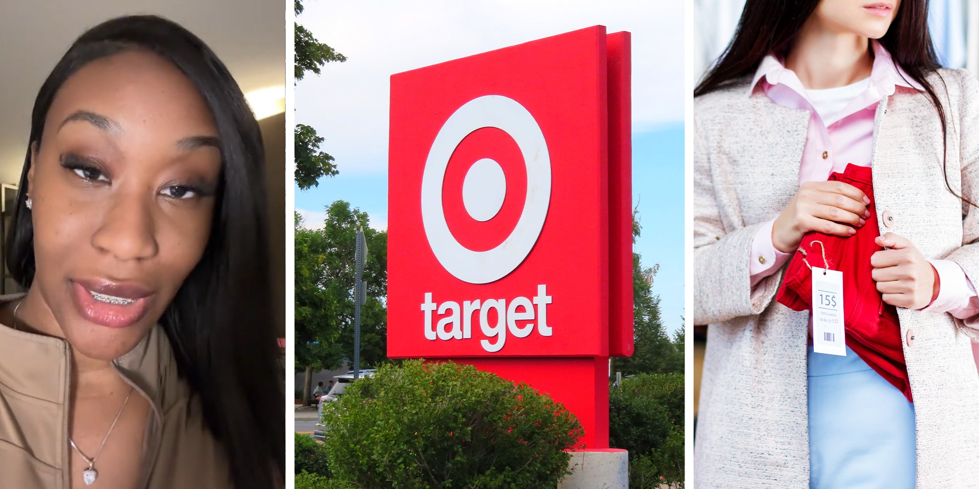 Woman sharing what happened when you shoplift at target(l) Target Store Sign(c) Woman shoplifting red shirt(r)