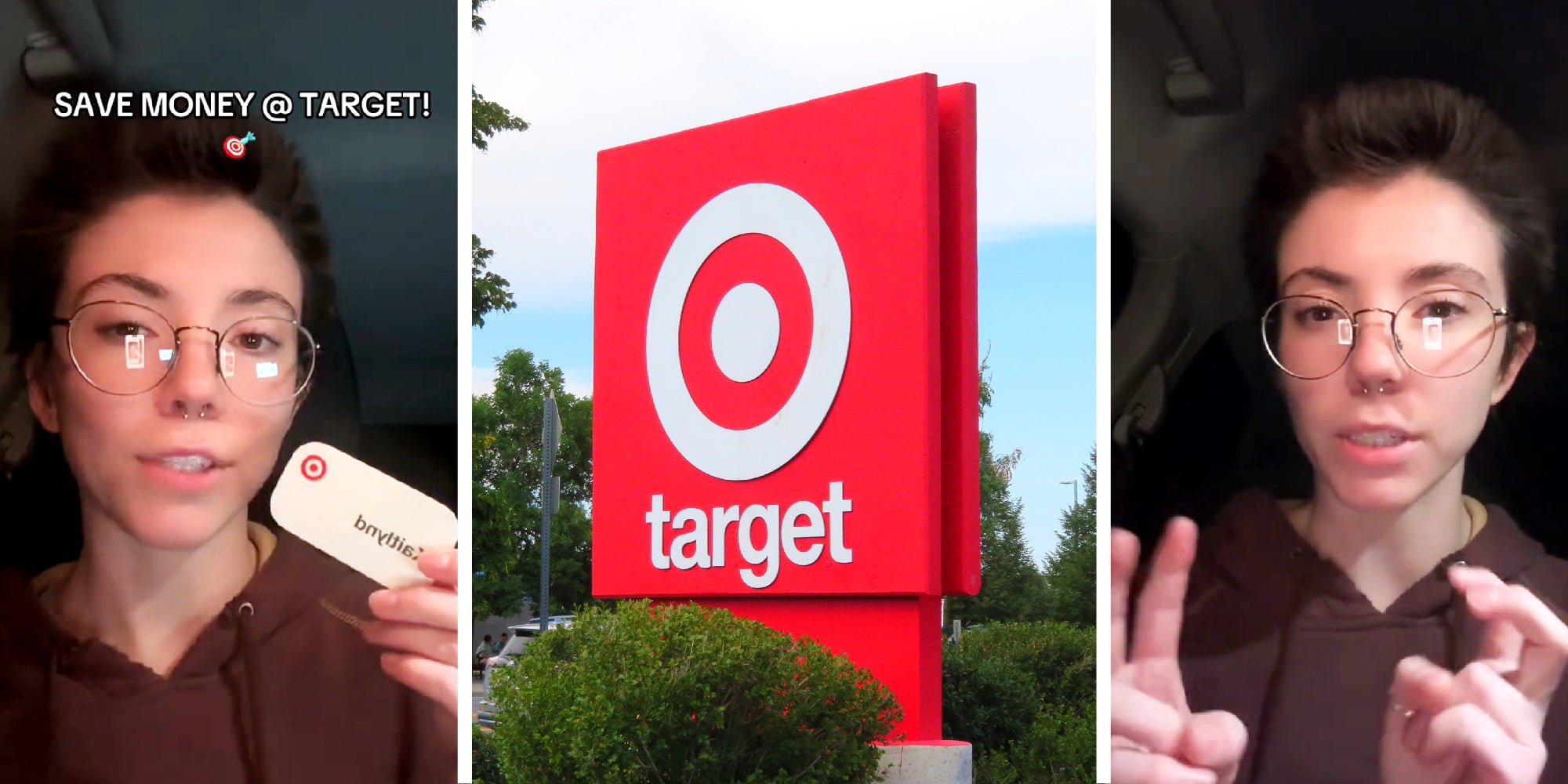 3 panel image of the Target sign and two images of a person explaining how to save money at Target.