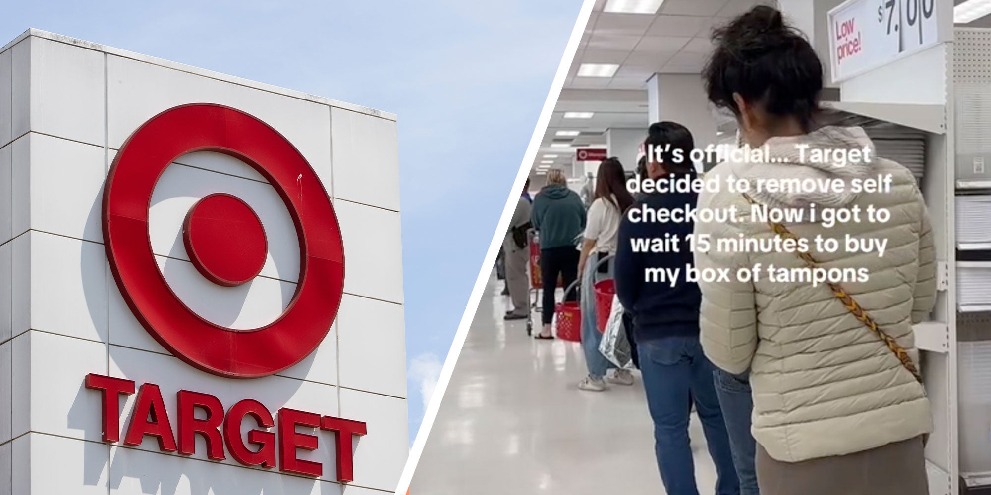 Two panel design with one showing a Target sign and two showing a long line at a Target store