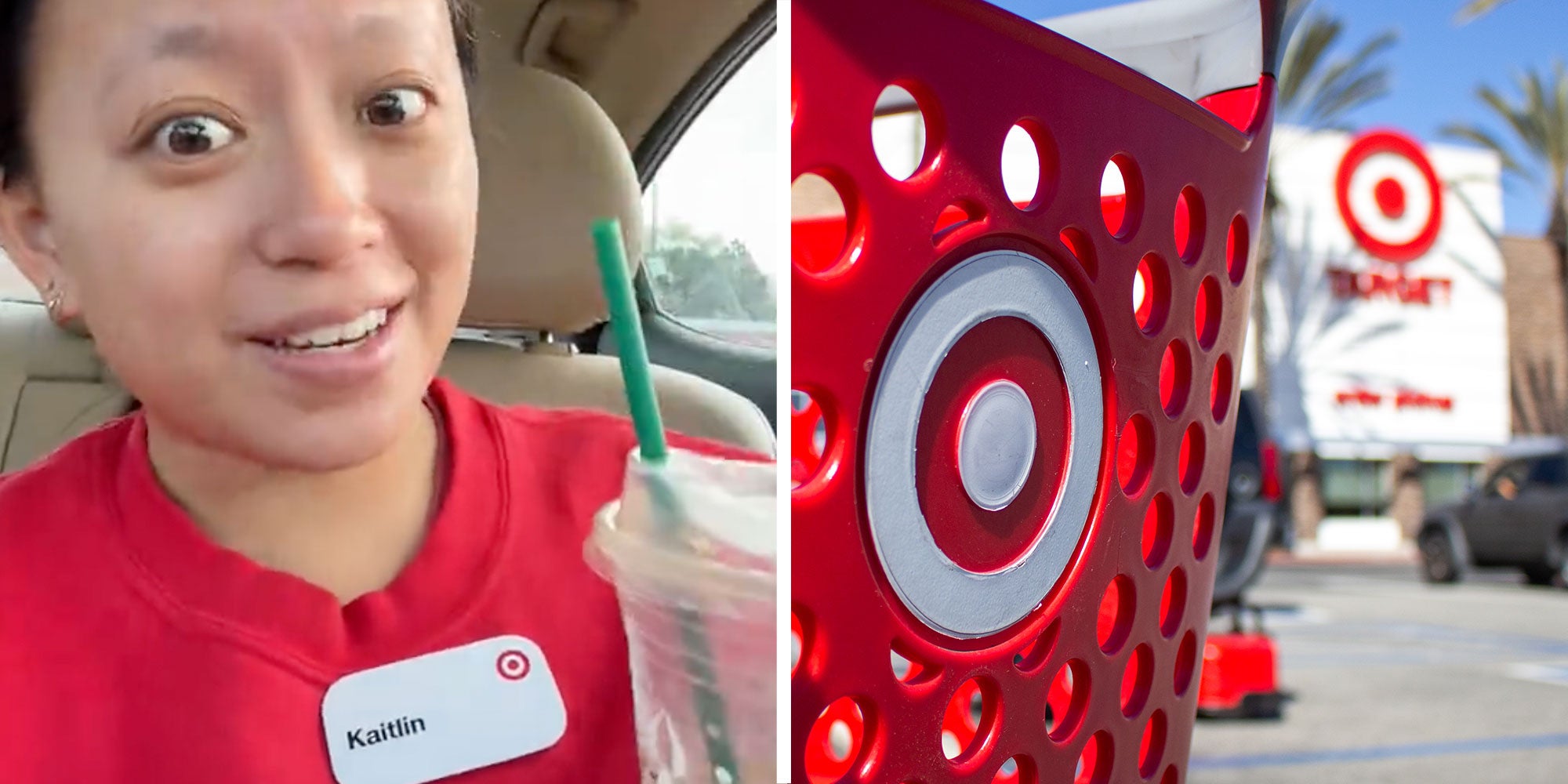 Two panel design with a target worker form inside of her car, she is talking at the camera. The 2nd panel is a close up of a Target basket from outside of the store.