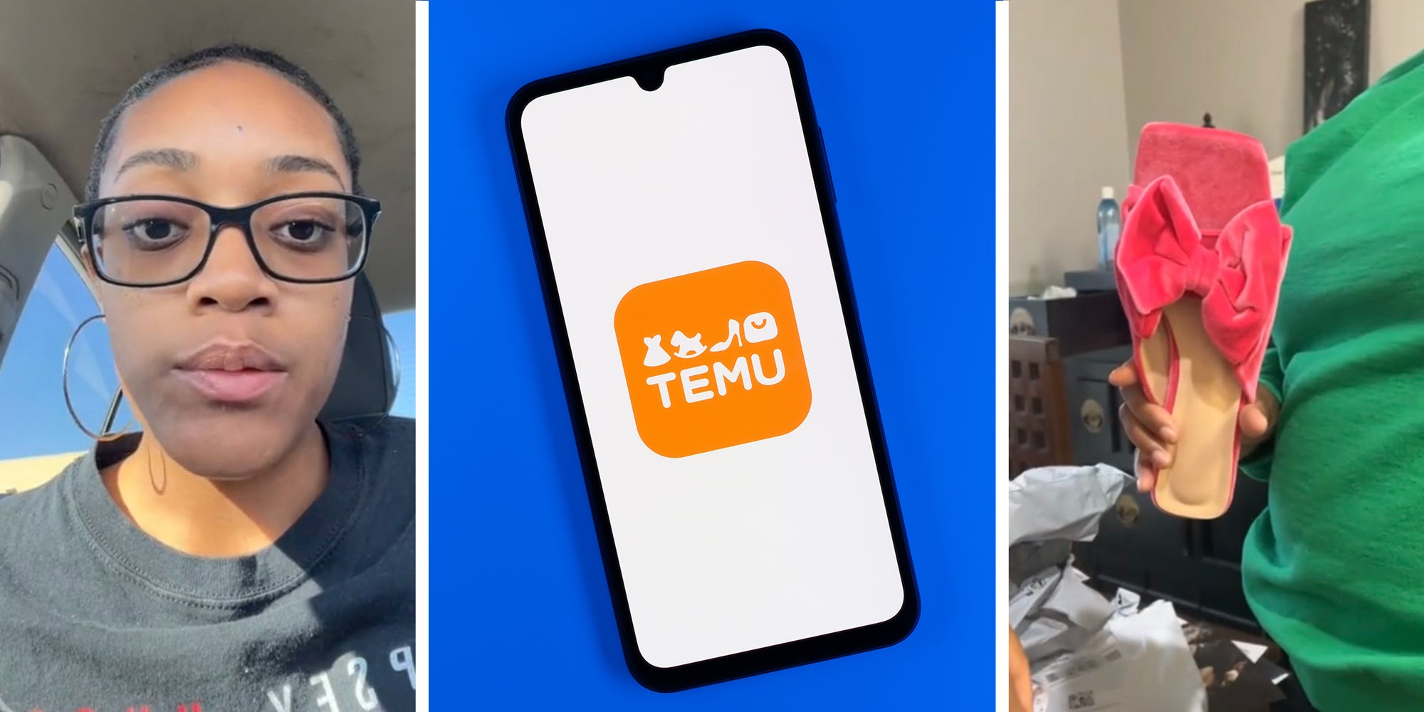 Woman sharing her Temu Purchase on TikTok(l) Phone with blue background showing Temu Logo on Display(c) Woman holding up Pink sandals she purchased on Temu(r)
