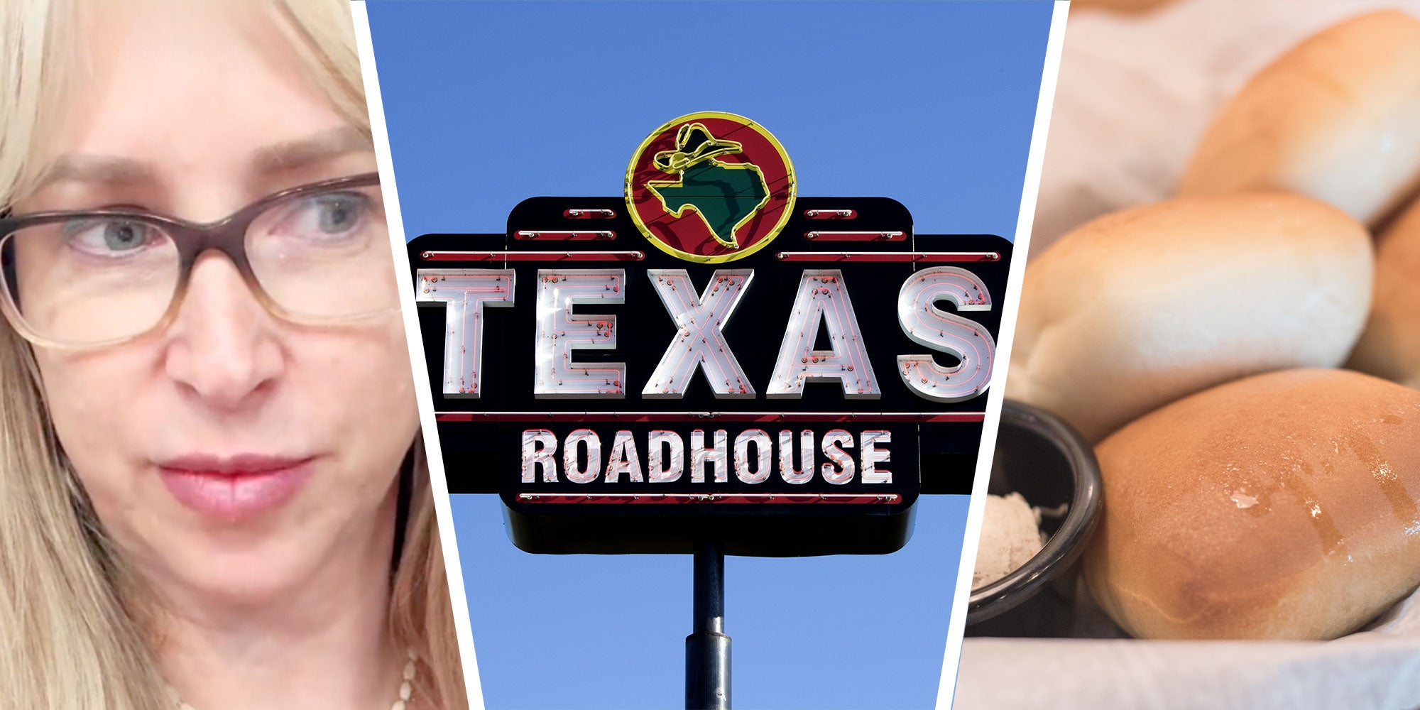 Three panel design with one showing a woman wearing glasses and looking down and off to the side. The middle panel is a sign for 'Texas Roadhouse' and the last panel is a close up of Texas Roadhouse rolls.