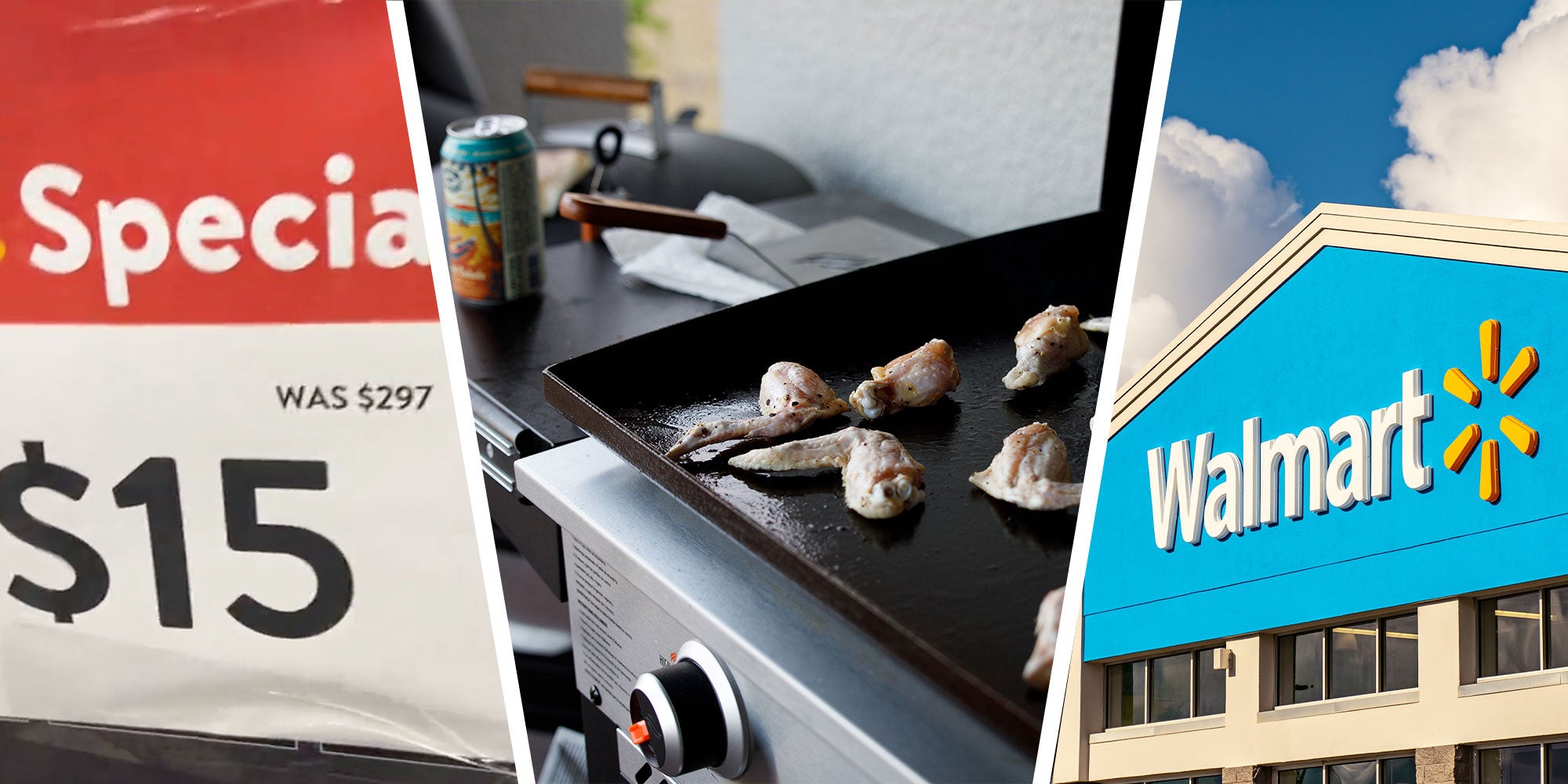 three panel design with a Special $15 sign in one, a grill in the middle. and a Walmart store sign in the 3rd
