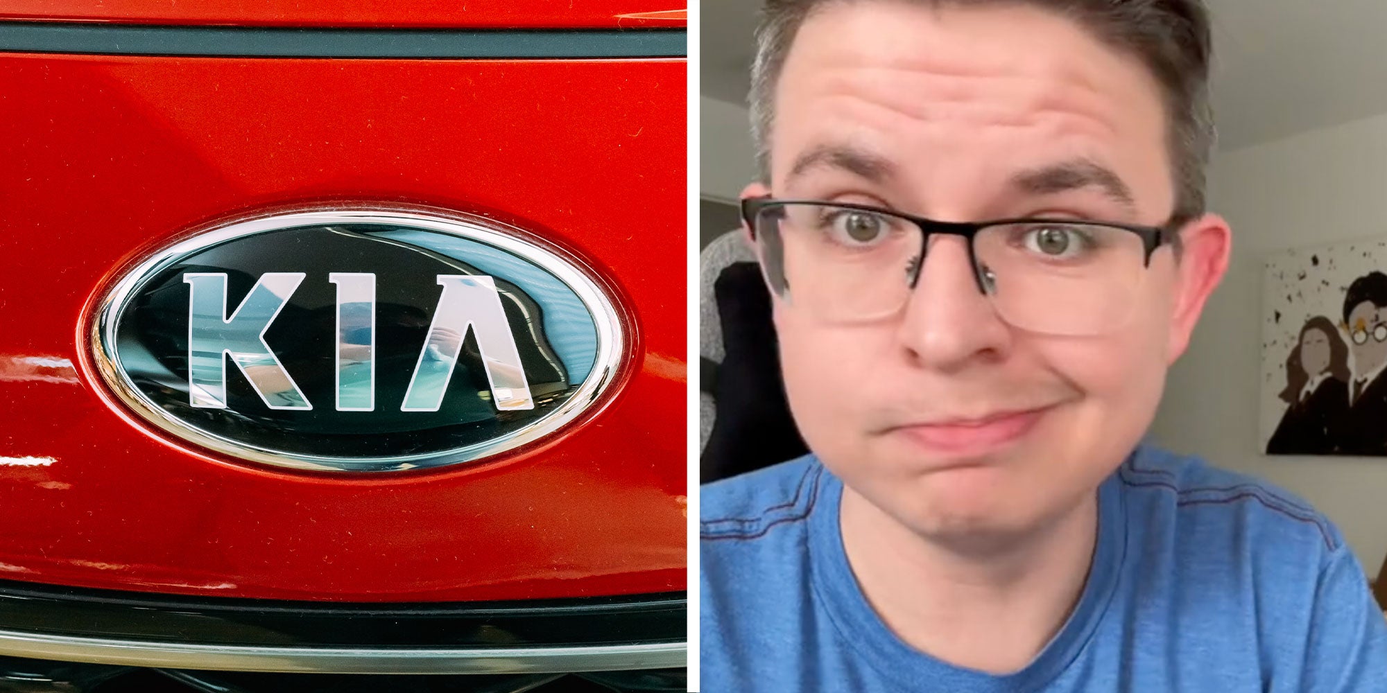 Two Panel design with one showing the front of a car known as a KIA, the 2nd is a man with a smirk on his face.