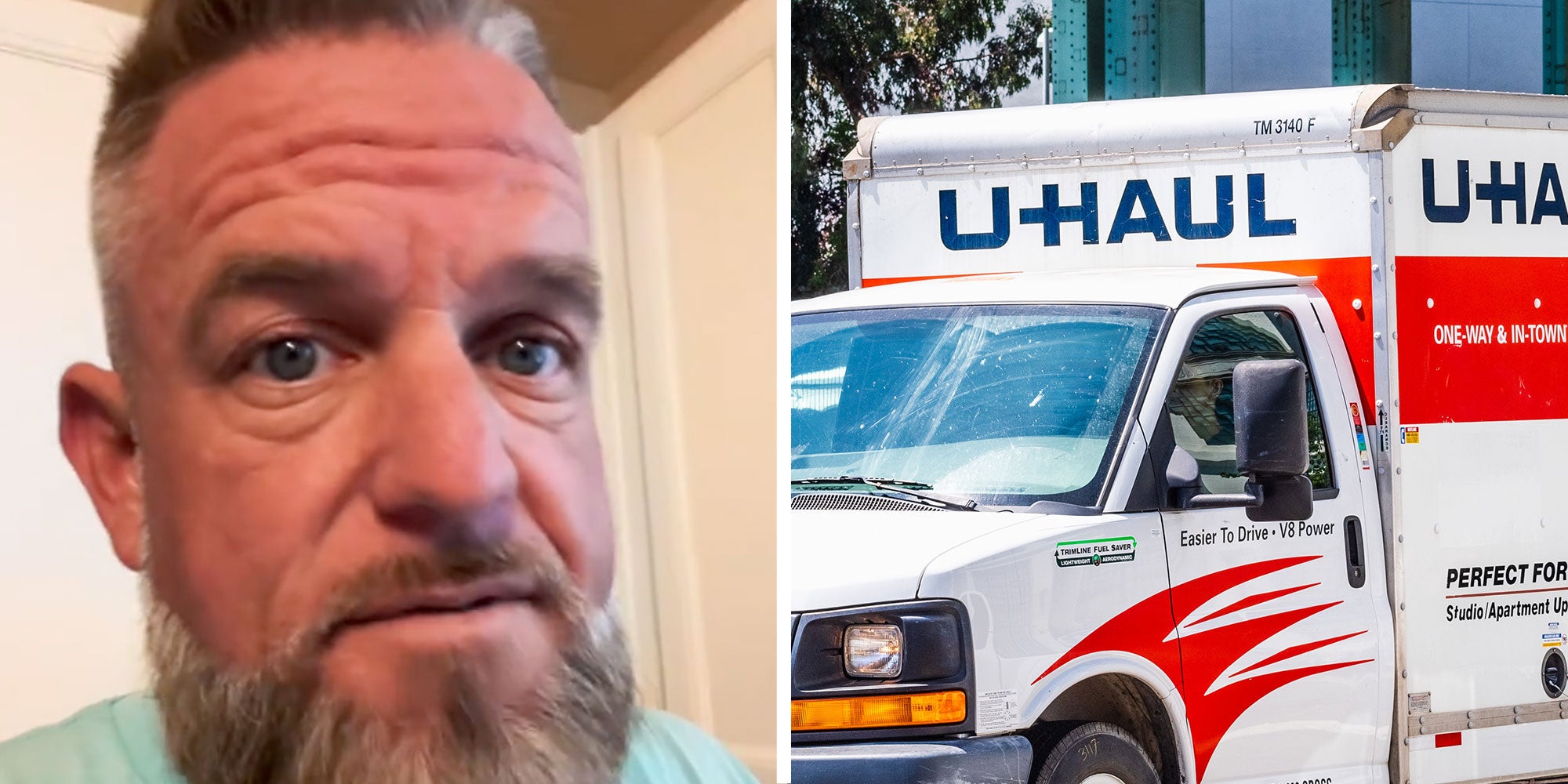 Two panel design with one showing a man looking at the camera, he has a concerned look on his face and a long heard. The 2nd panel is of a U-Haul truck.