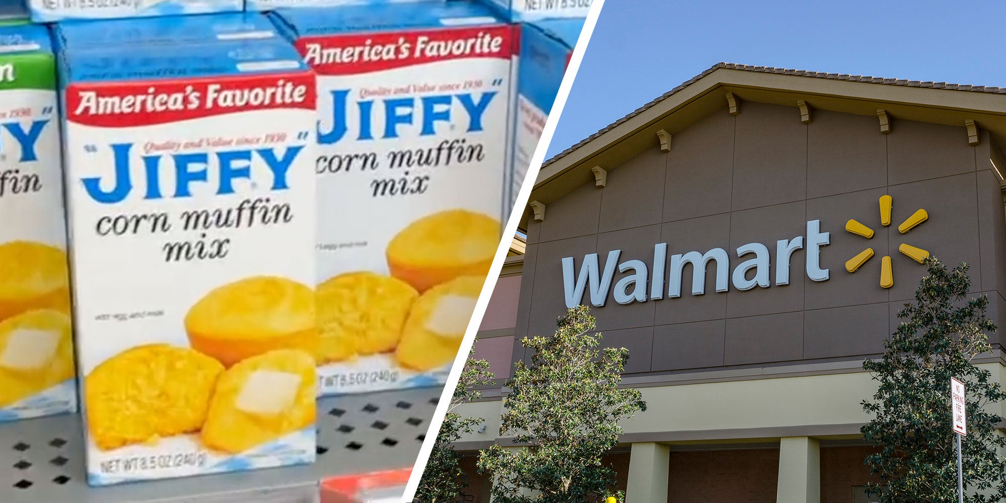 Two panel design with a shelf stocked with Jiffy Corn Muffin mix in one, and a Walmart sign in the other