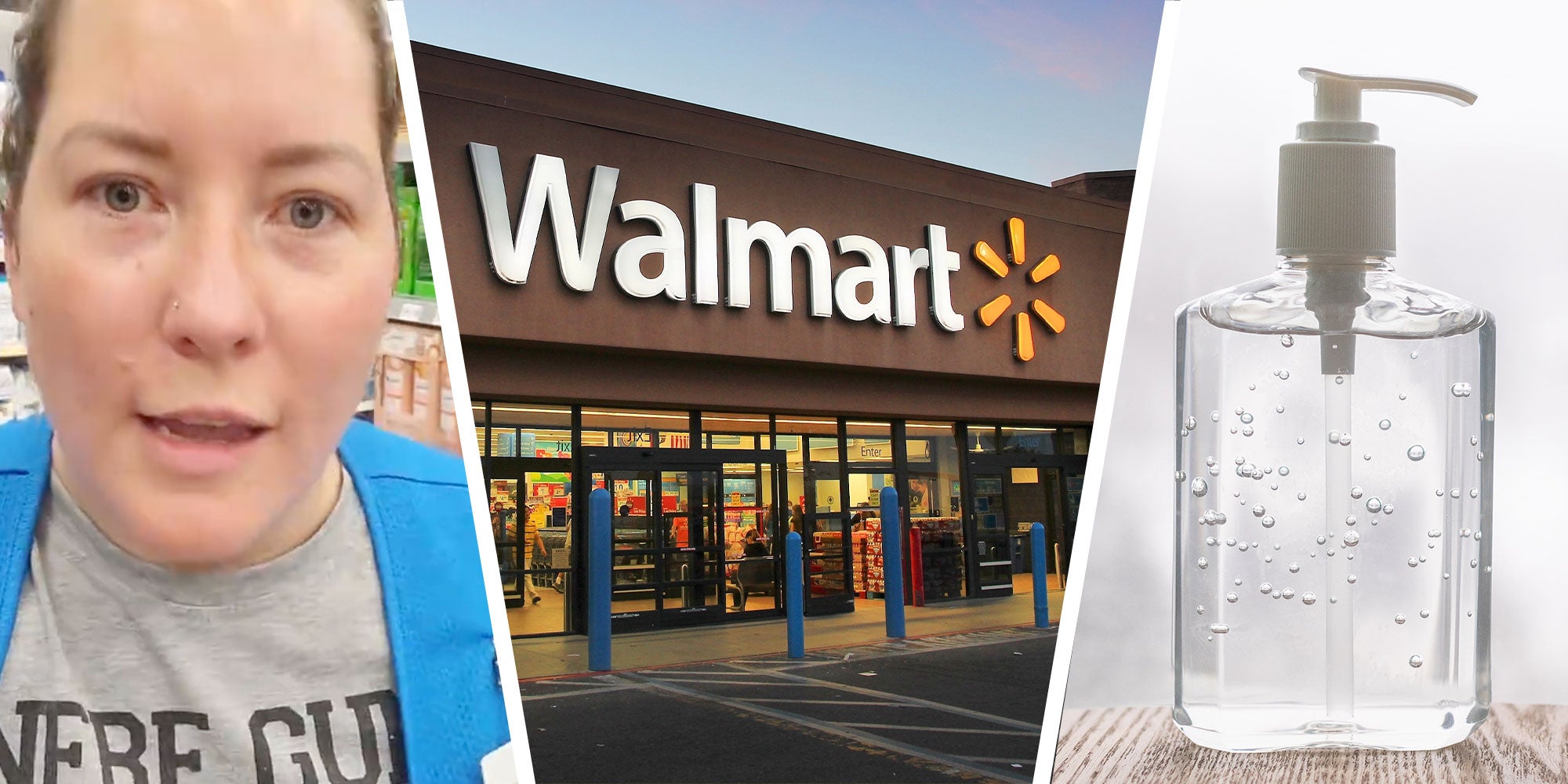 Three panel design with panel one showing a Walmart employee who is mid-speaking, the middle panel is a Walmart store during the night, and the 3rd panel shows a hand sanitizer bottle.