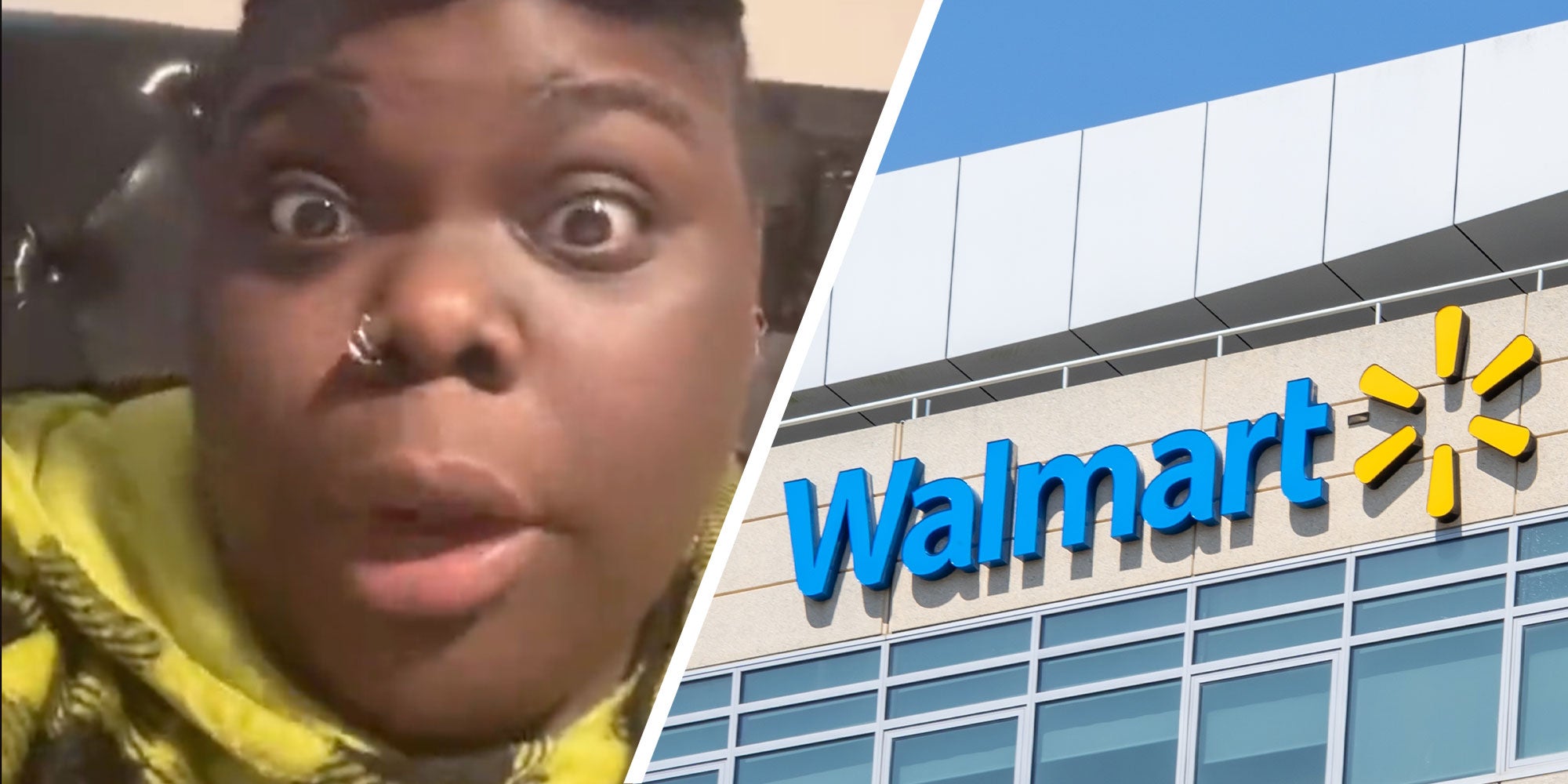 Two panel design with showing a woman confused and shocked, next to a Walmart Sign
