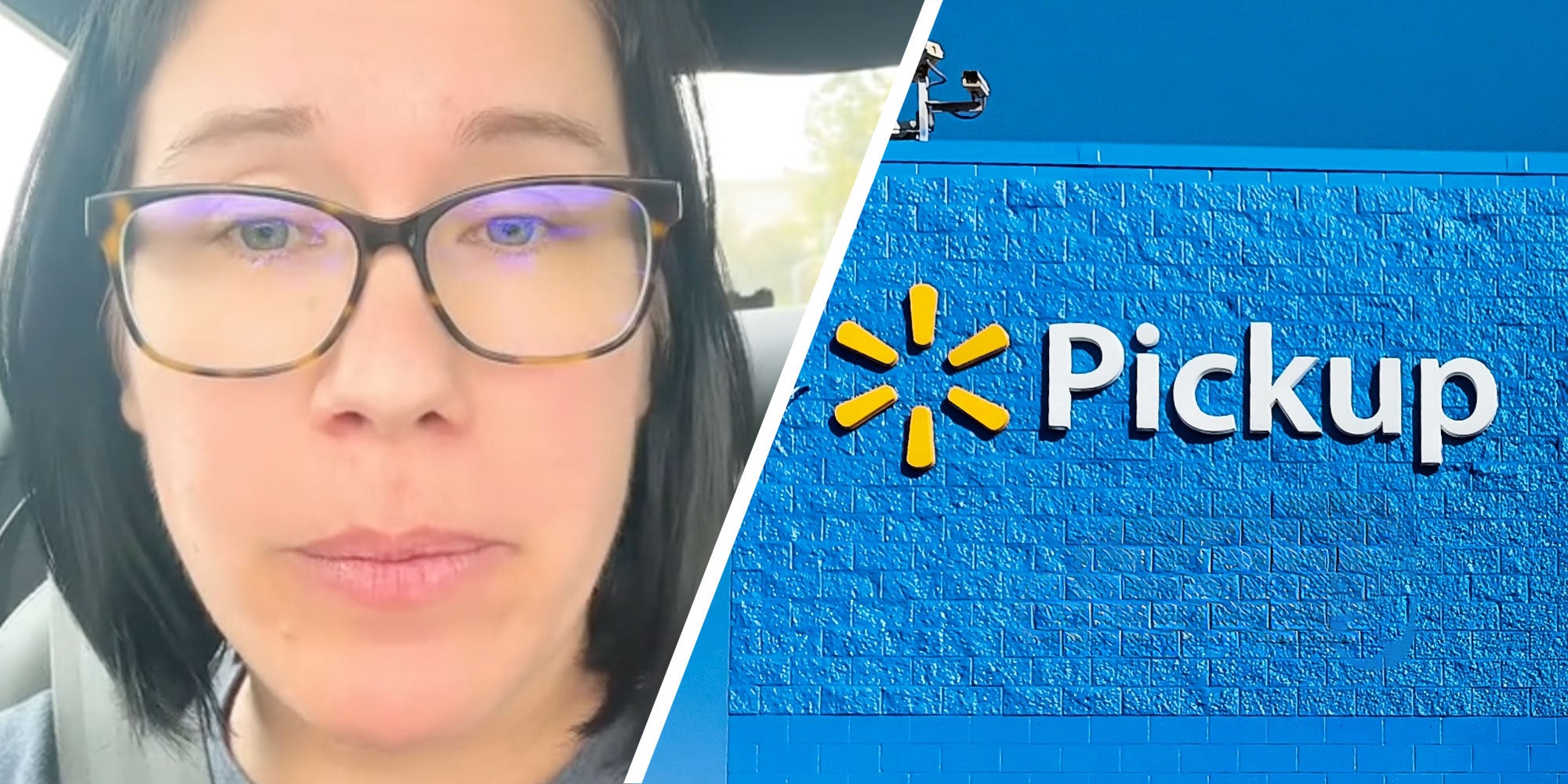 Two panel design with one showing a woman looking at the camera, she has glasses on. The 2nd is of a Walmart Pickup Sign