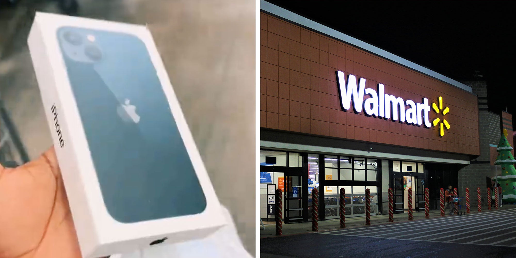 two panel design with a person holding an iPhone box is one, and a Walmart sign at night in the other