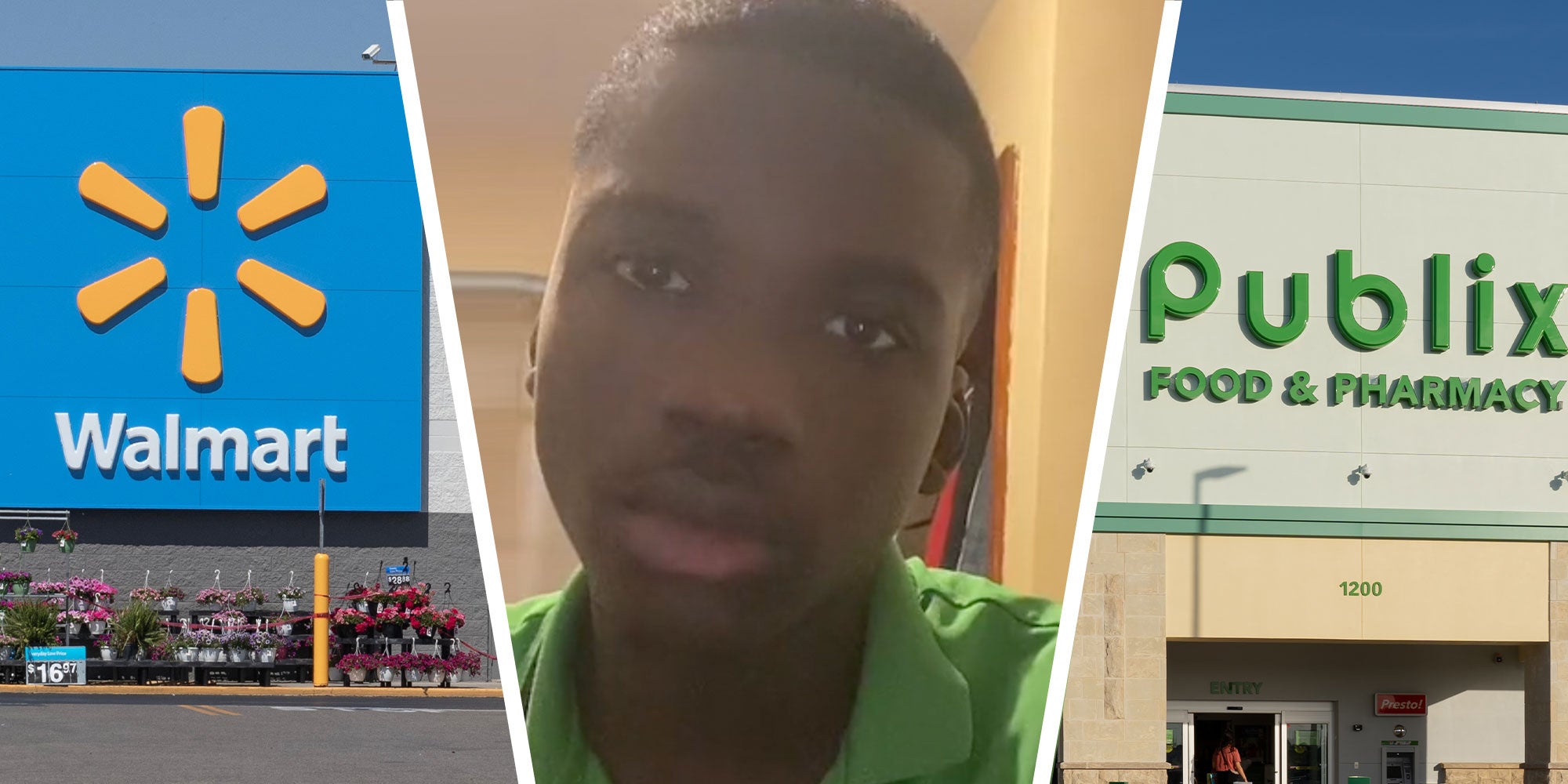 three panel design with one being the outside of a walmart, the 2nd is of a man looking at the camera, and the 3rd is of a Public grocery store