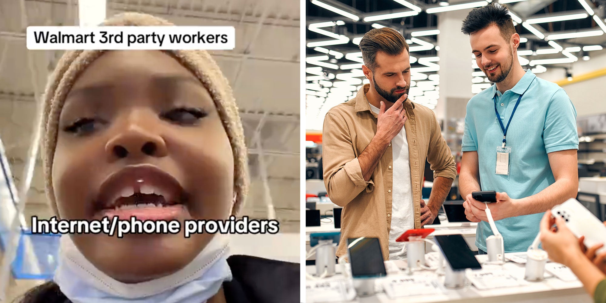 Two panel design with woman looking at the camera in one and a salesmen talking to a customer in the other