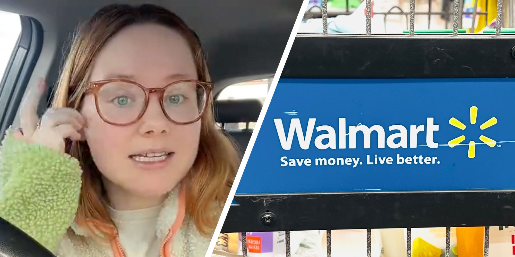 Two panel design with a young woman talking to the camera in her car, the 2nd panel is of a Walmart shopping cart.