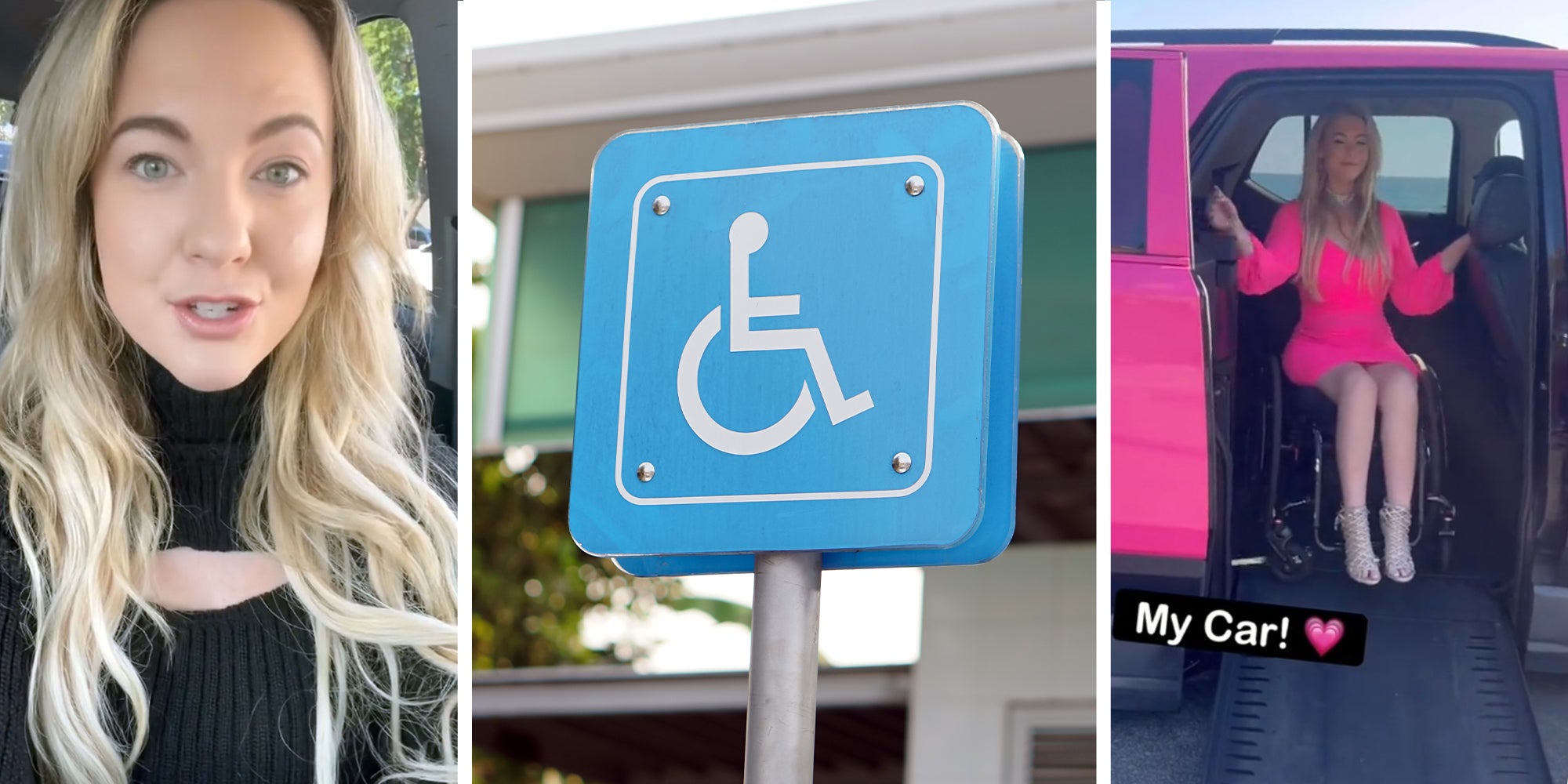 blonde woman(l) Wheel Chair Sign(c) woman in bright pink dress coming out of bright pink Vehicle with her wheelchair(r)