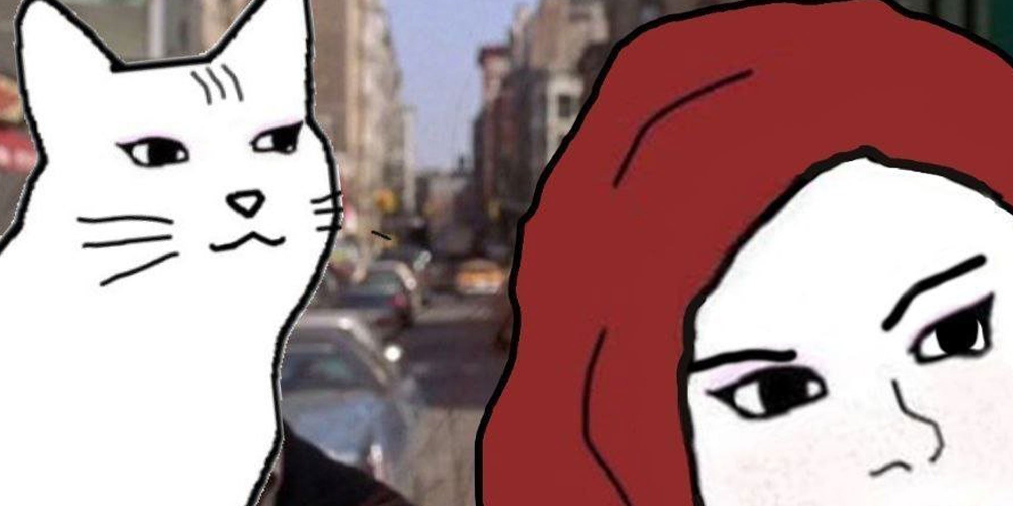 Close up of a meme from the internet of a rough drawing of cat and a woman.