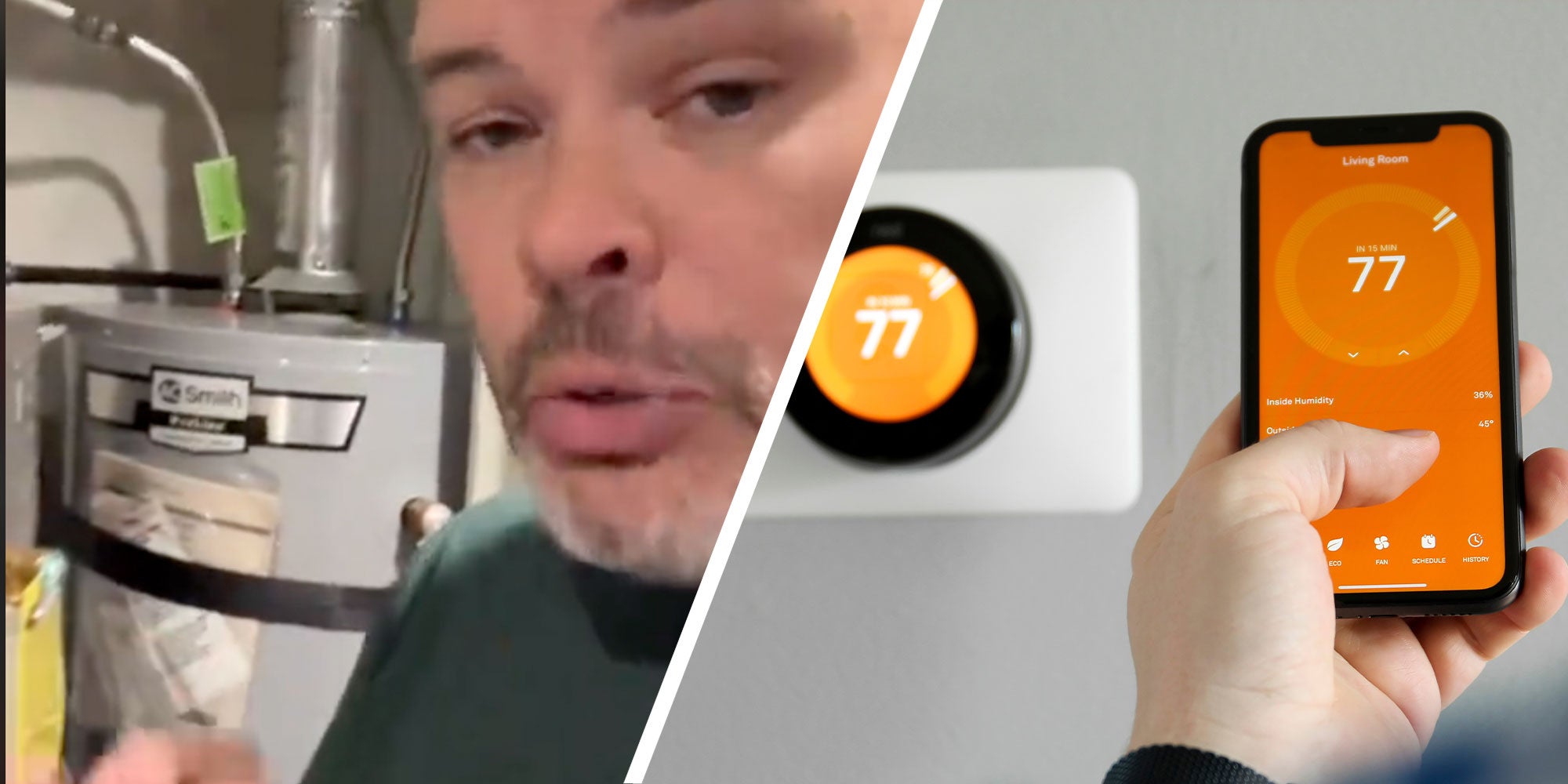 Two panel design with a man talking at the camera next to his water heater, and a person with a phone changing their thermostat
