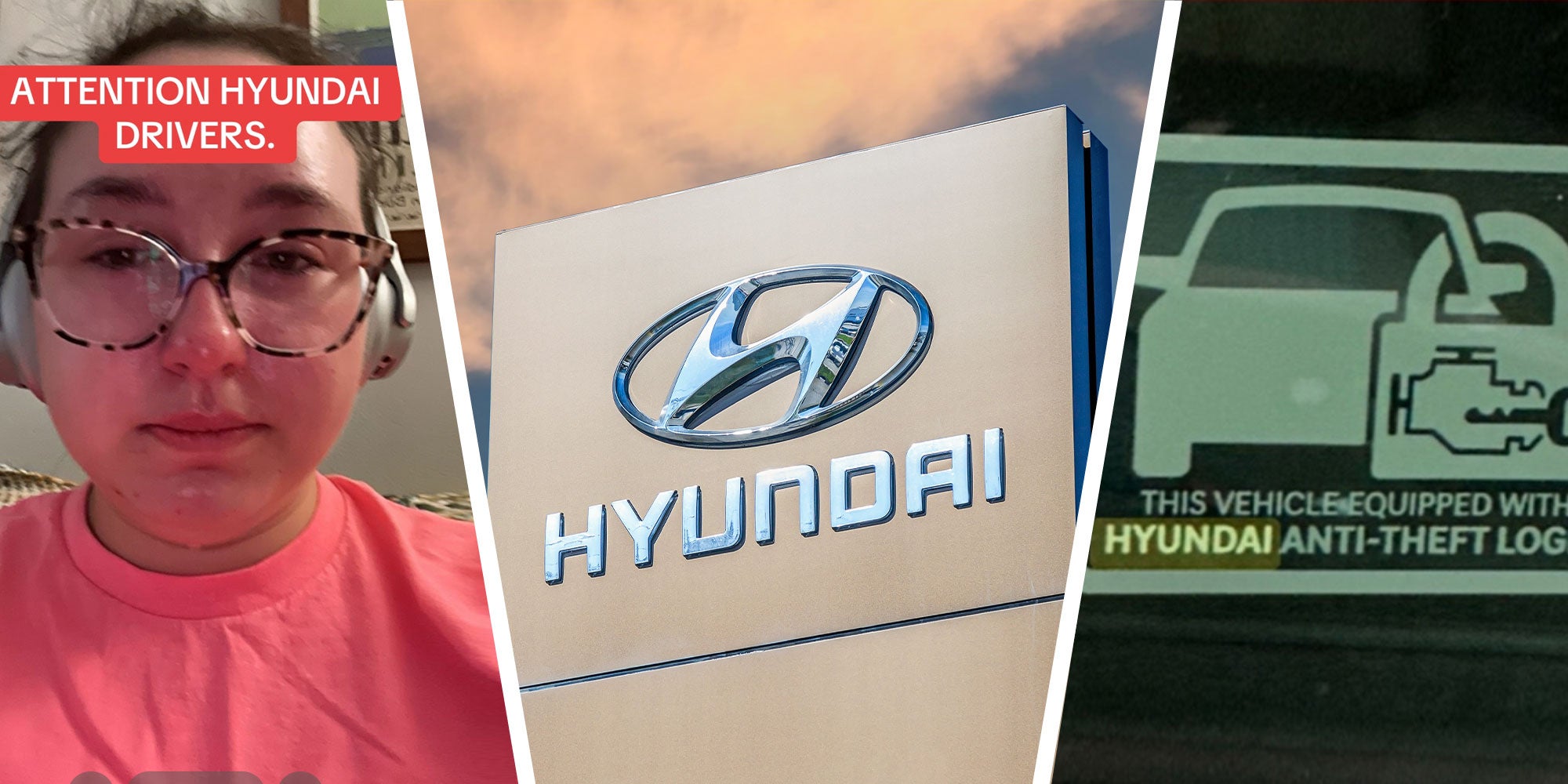 Three panel design with a woman looking upset with text reading 'Attention Hyundai Drivers' in panel one, a Hyundai sign in panel 2, and a Anti-Theft sticker in the 3rd panel.