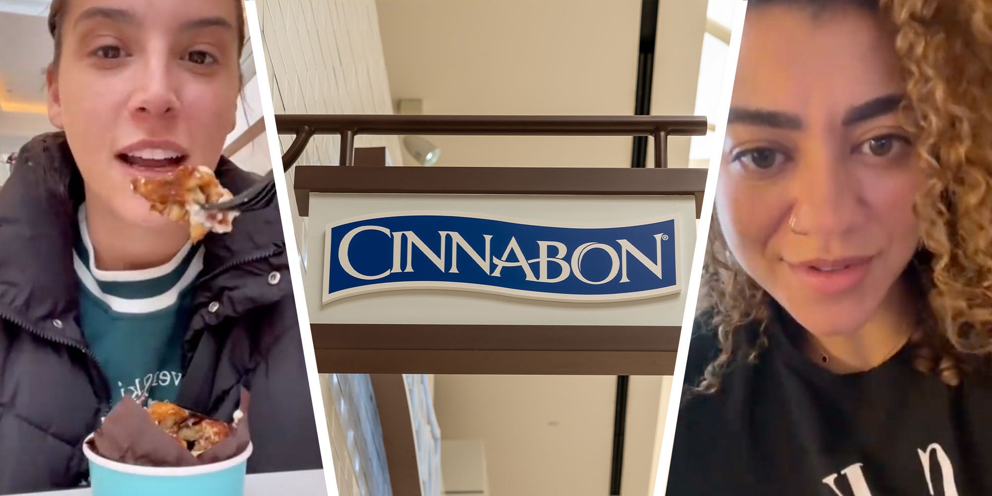 Three panel design with a woman looking happy and eating a cinnamon roll, the middle panel is the Cinnabon logo, and the last panel is a woman with curly hair looking at the camera.