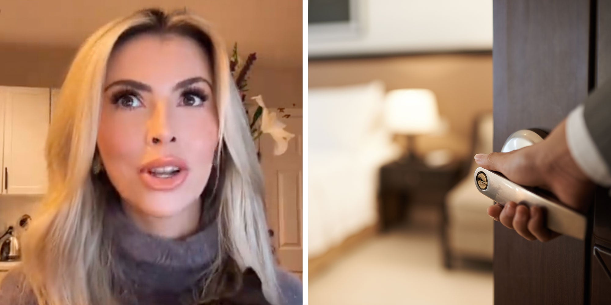 Two panel design with a woman mis speaking in one and a person opening up a hotel room in the other