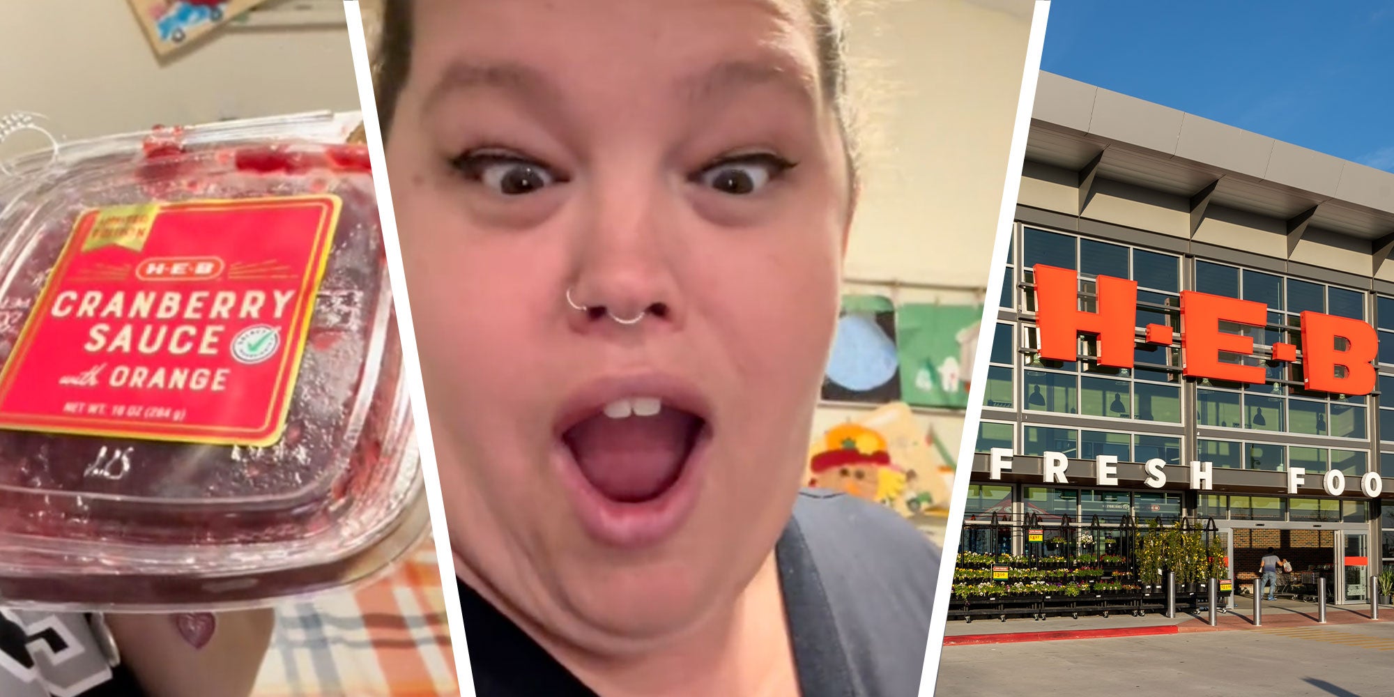 Three panel design with a close up of a container with cranberry sauce, next to an image of a woman who is shocked, her mouth is open is disbelef, next to an image of a H-E-B grocery store
