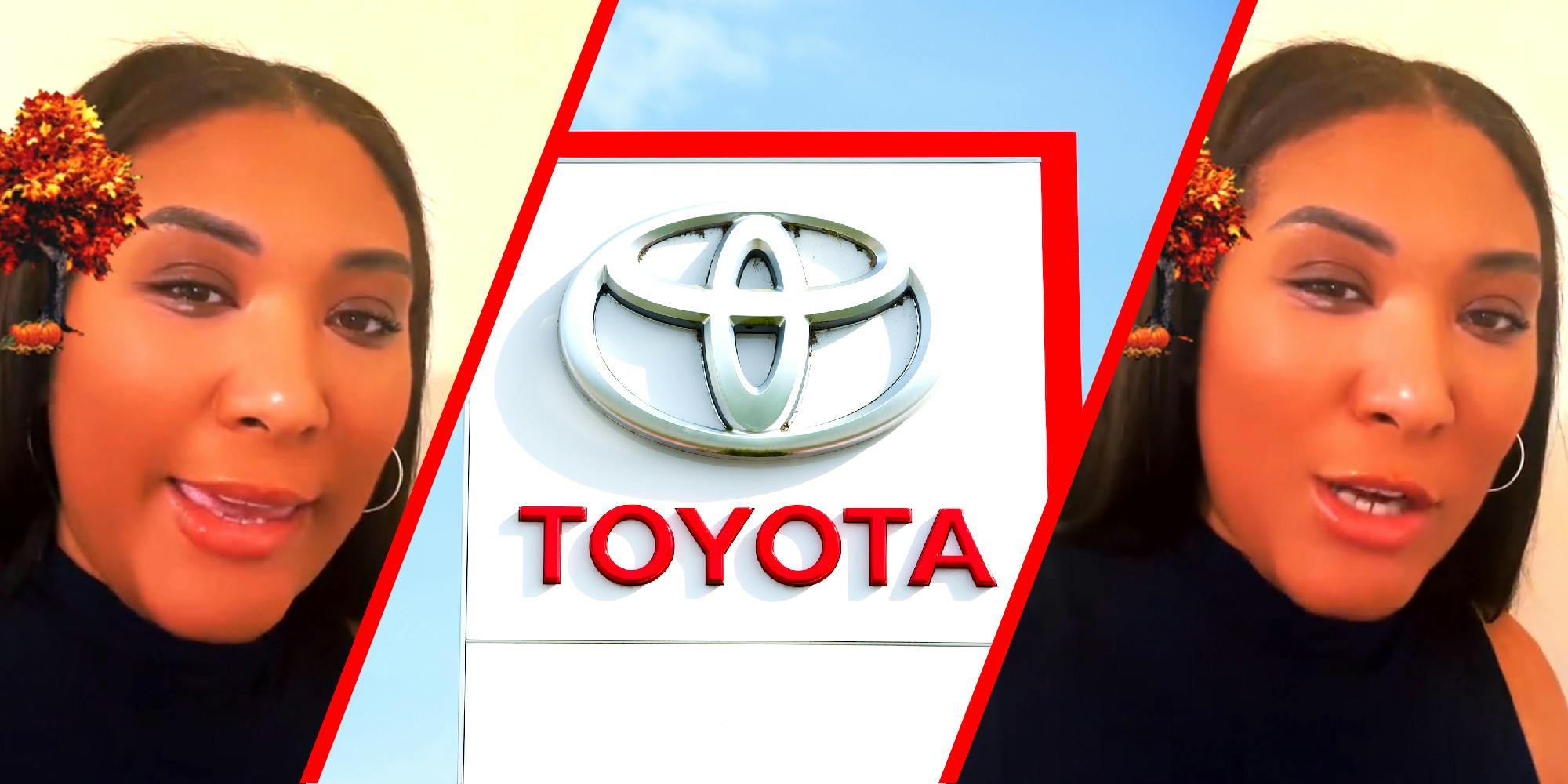 3 panel image. On the sides is a person talking, in the the middle is the Toyota logo on a sign.