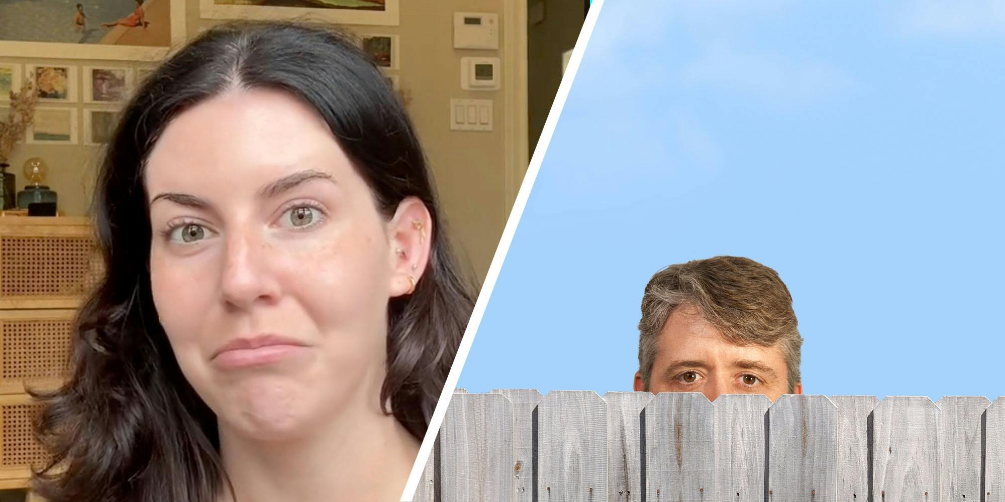 Two panel design with a woman looking skeptical in one, and a person looking over their fence in another iamge