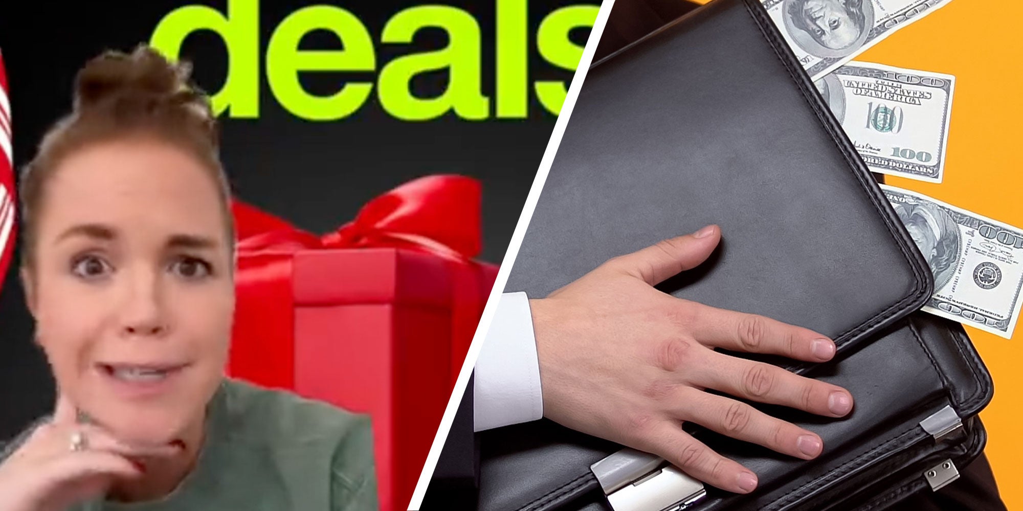 two panel design with a woman looking confused in one and a man with a briefcase full of cash in the other,