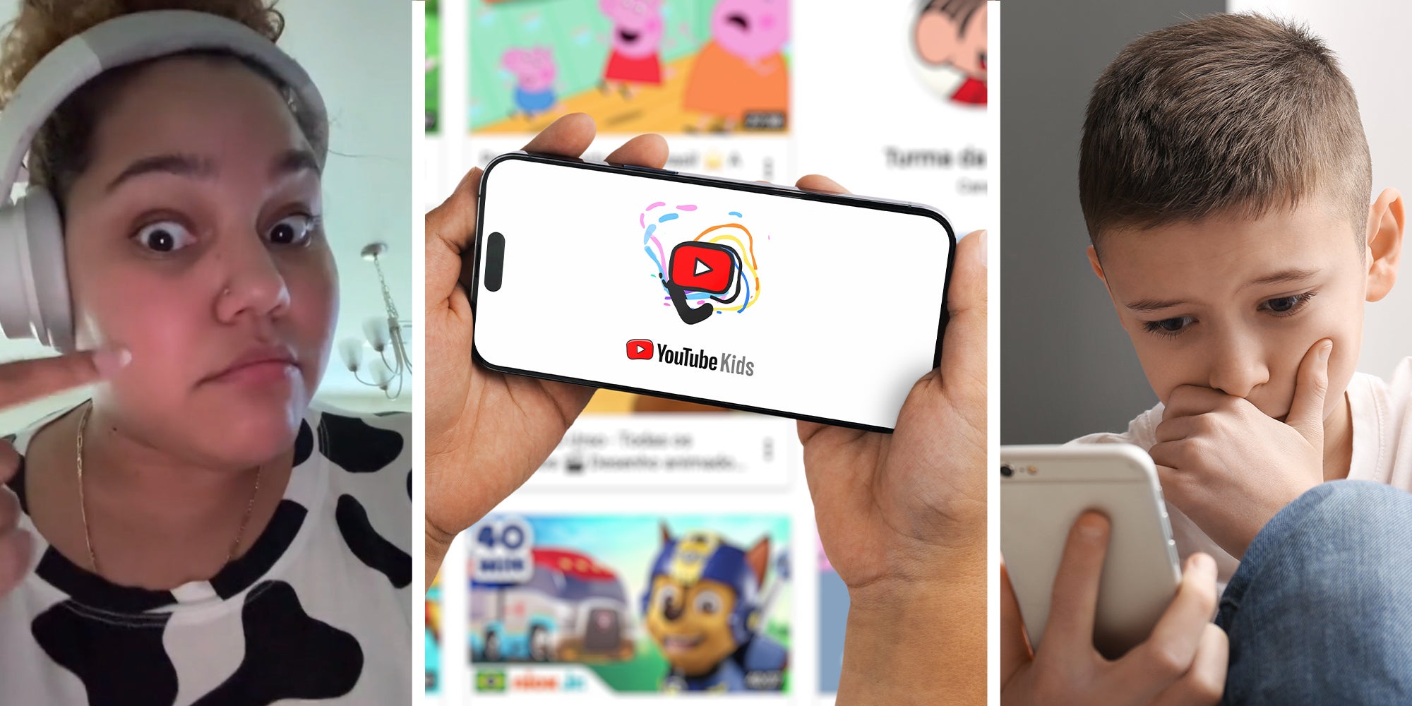 Woman pointing at herself(l) Hands holding a phone with YouTube Kids logo on it(c) Child holding up phone looking shocked(r)