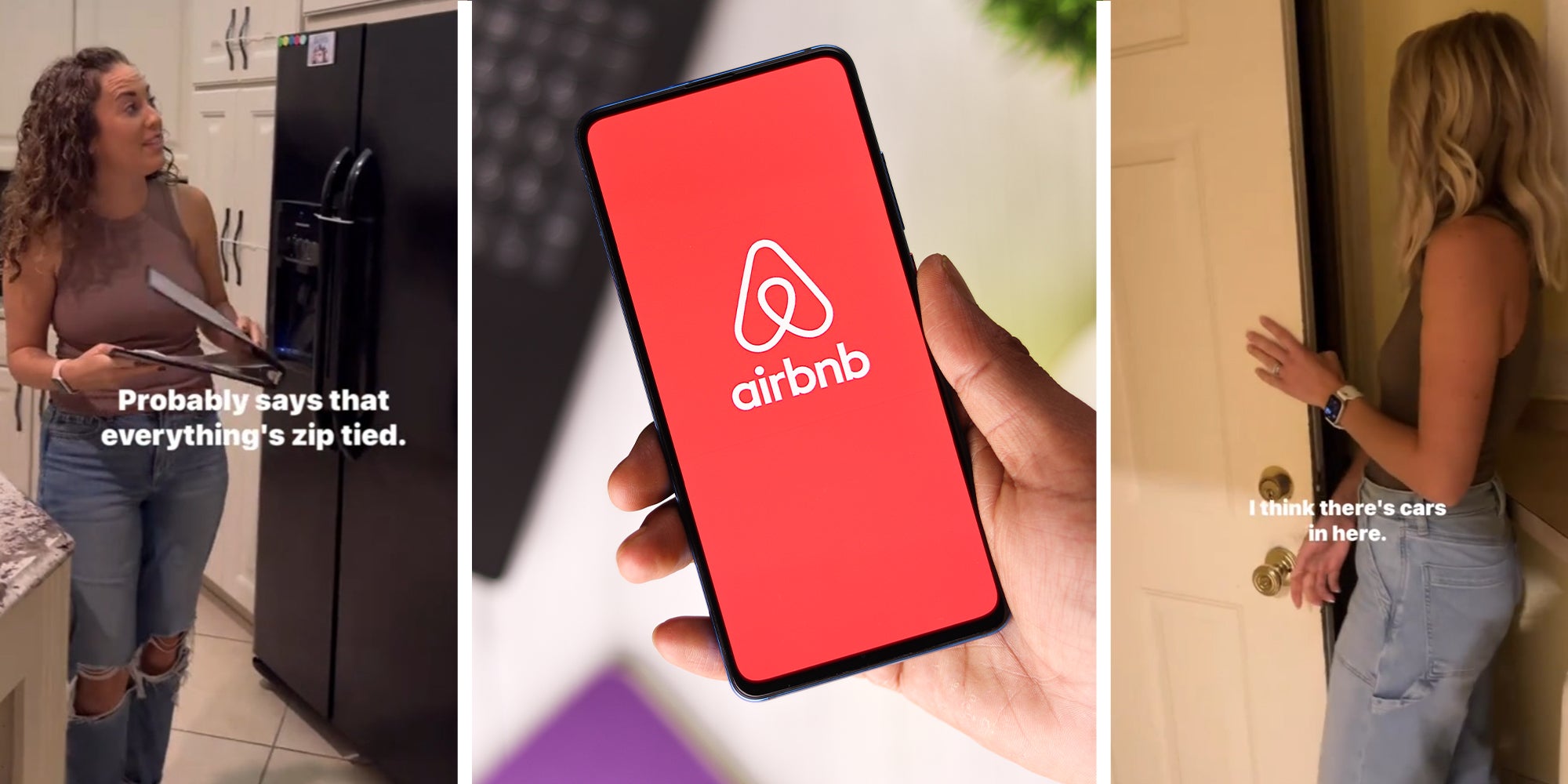 Woman noticing Airbnb home has everything Zip Tied(l) Person holding phone with Airbnb on Display(c) Woman checking behind door(r)