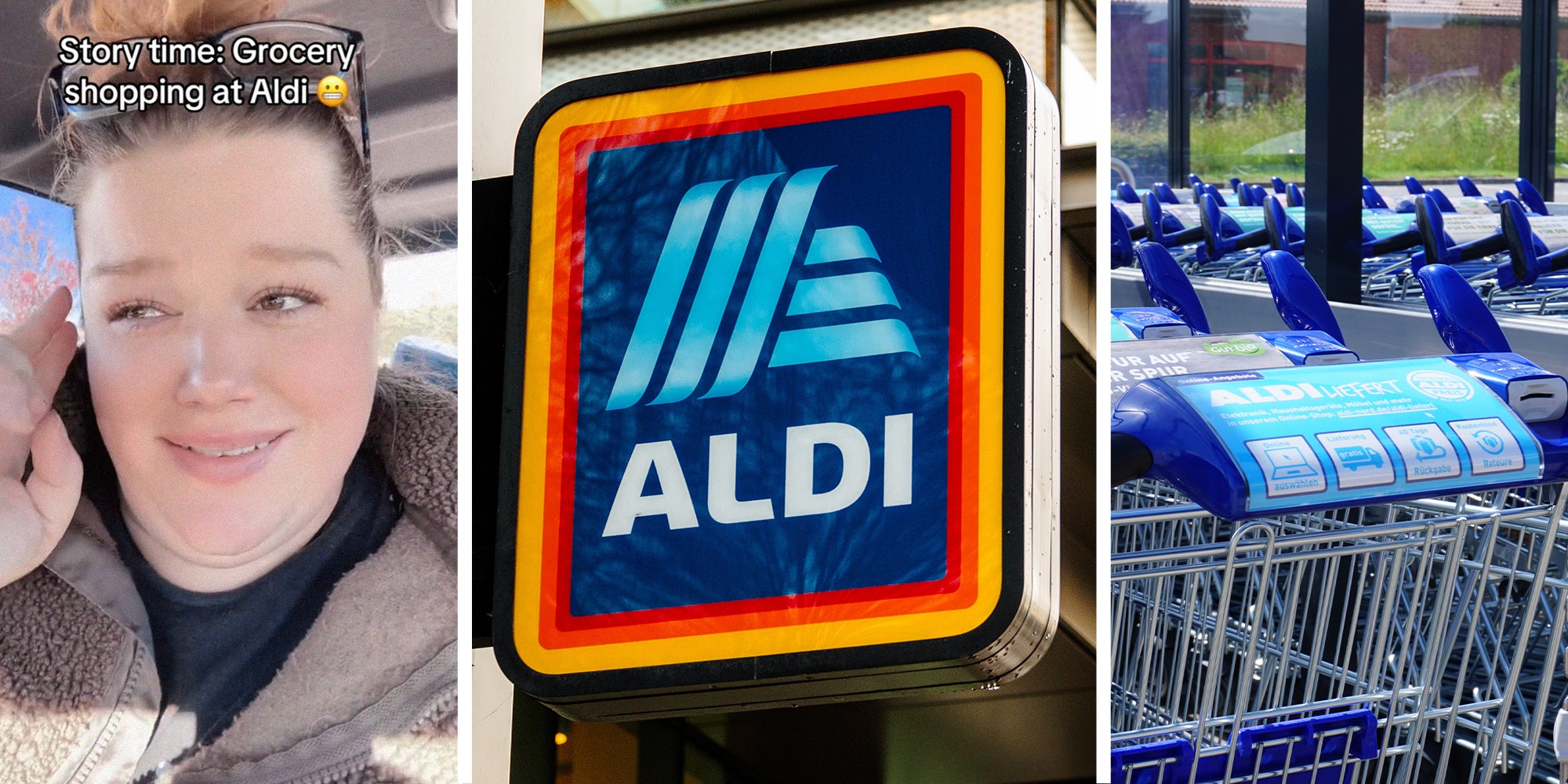 Aldi Shopper sharing her experience on TikTok(l) ALDI store sign(c) Aldi Shopping Cart(r)