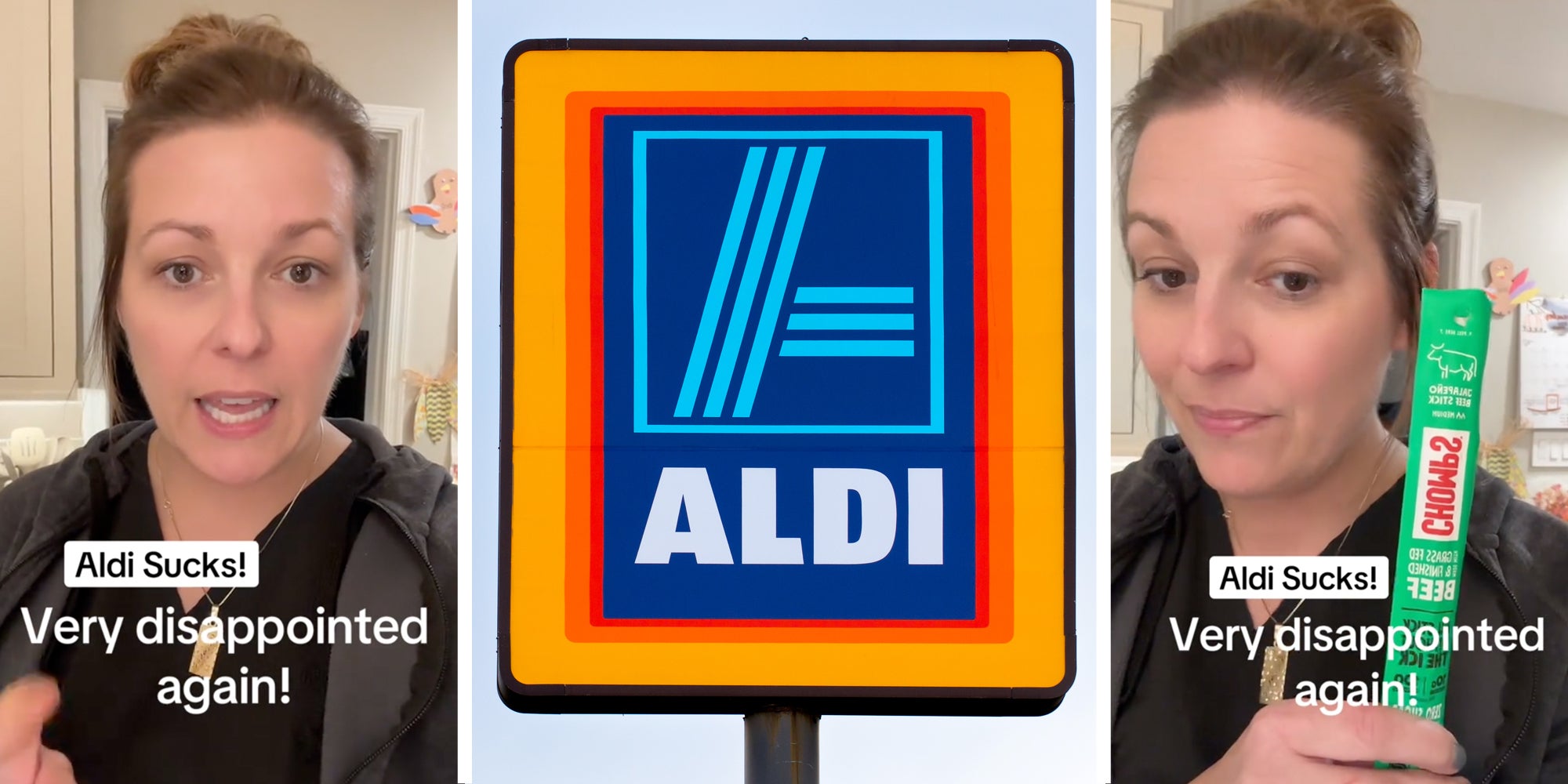 Woman talking with text that says 'Aldi Sucks! Very disappointed again!'(l), Aldi sign(c), Same woman talking with same text but also holding chomps beef stick(r)