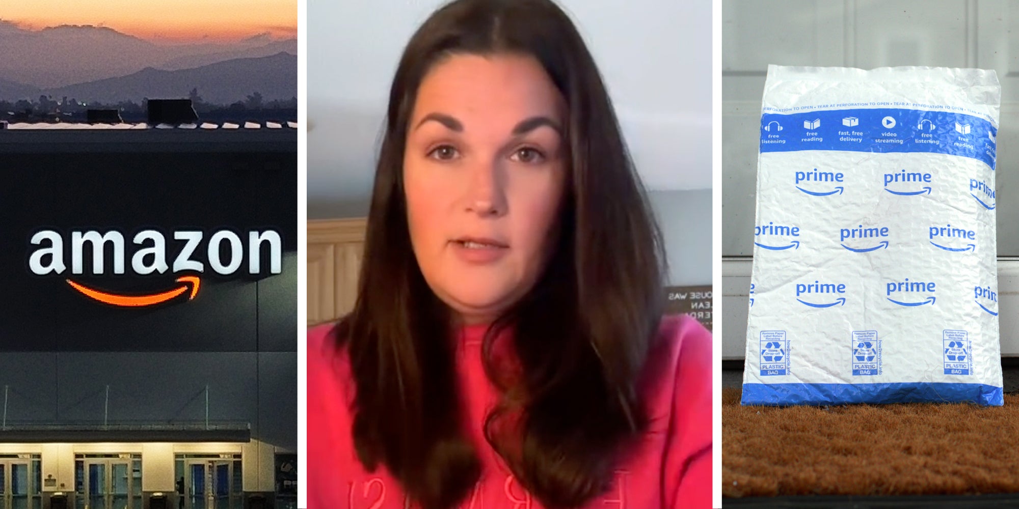 Amazon HQ(l), Woman talking(c), Amazon Prime envelope(r)