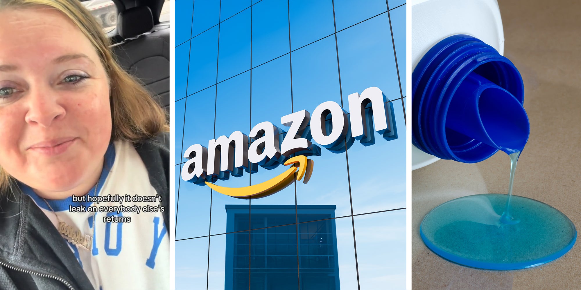 Woman sharing her Return experience with Amazon(l) Amazon Logo on Building(c) Laundry detergent spill(r)