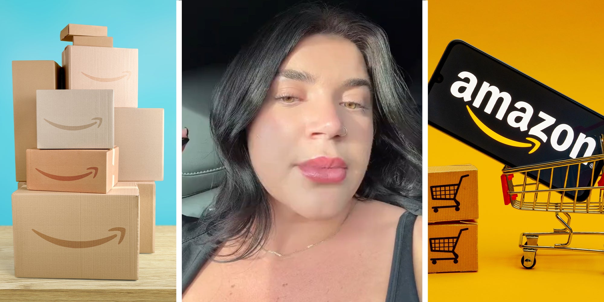 Amazon Boxes(l) Woman sharing her Amazon Store experience on TikTok(c) Phone on toy cart displaying Amazon Store Logo(r)