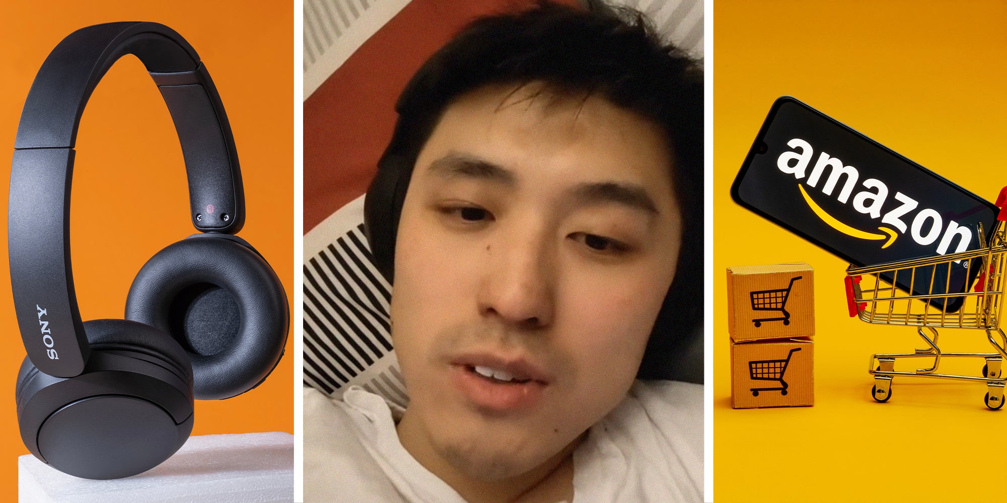 Sony Headphones(l) Person Sharing his shopping experience on TikTok Platform(c) Amazon Logo on Phone Display inside toy car(r)