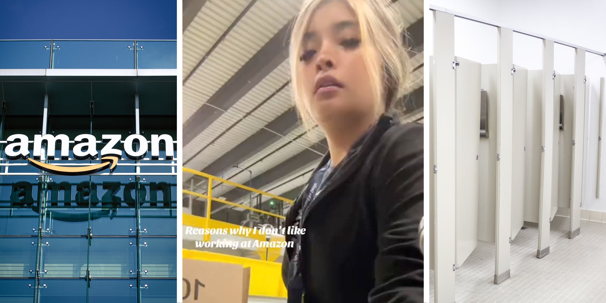 Amazon HQ(l), Woman talking with text that says 'Reasons why I don't like working at Amazon'(c), Bathroom stalls(r)