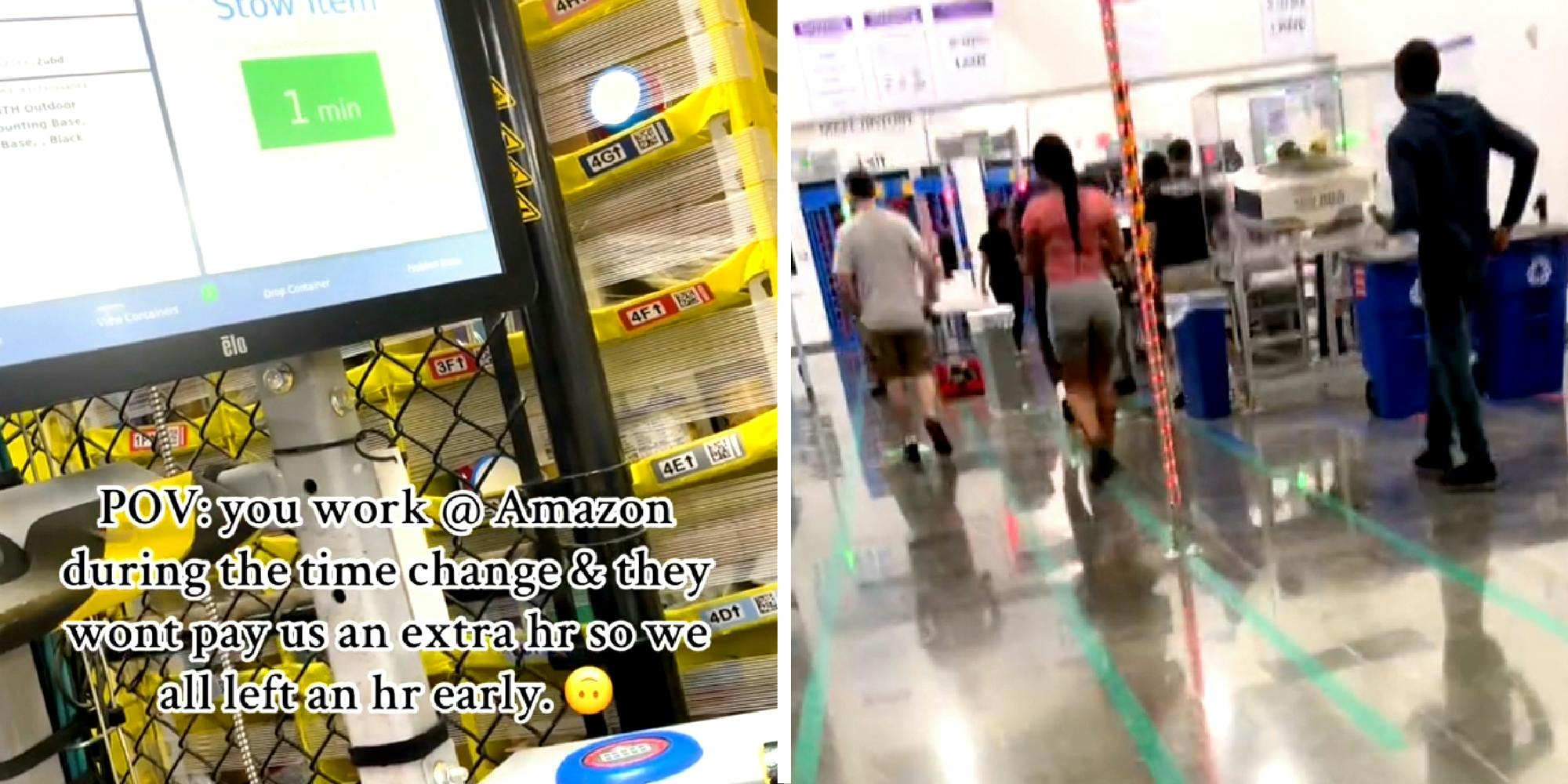 Amazon employees walking out of an amazon facility