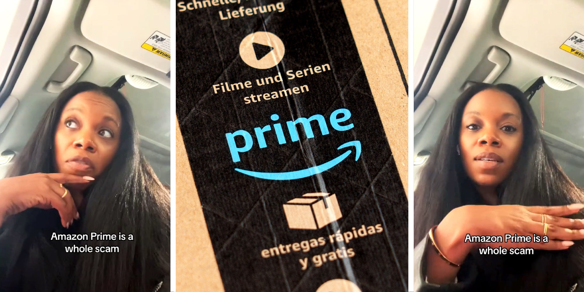 3 panel image, on the sides a person explains with text over that reads, ' Amazon Prime is a whole scam'. In the middle panel is a closeup of an Amazon Prime delivery box.