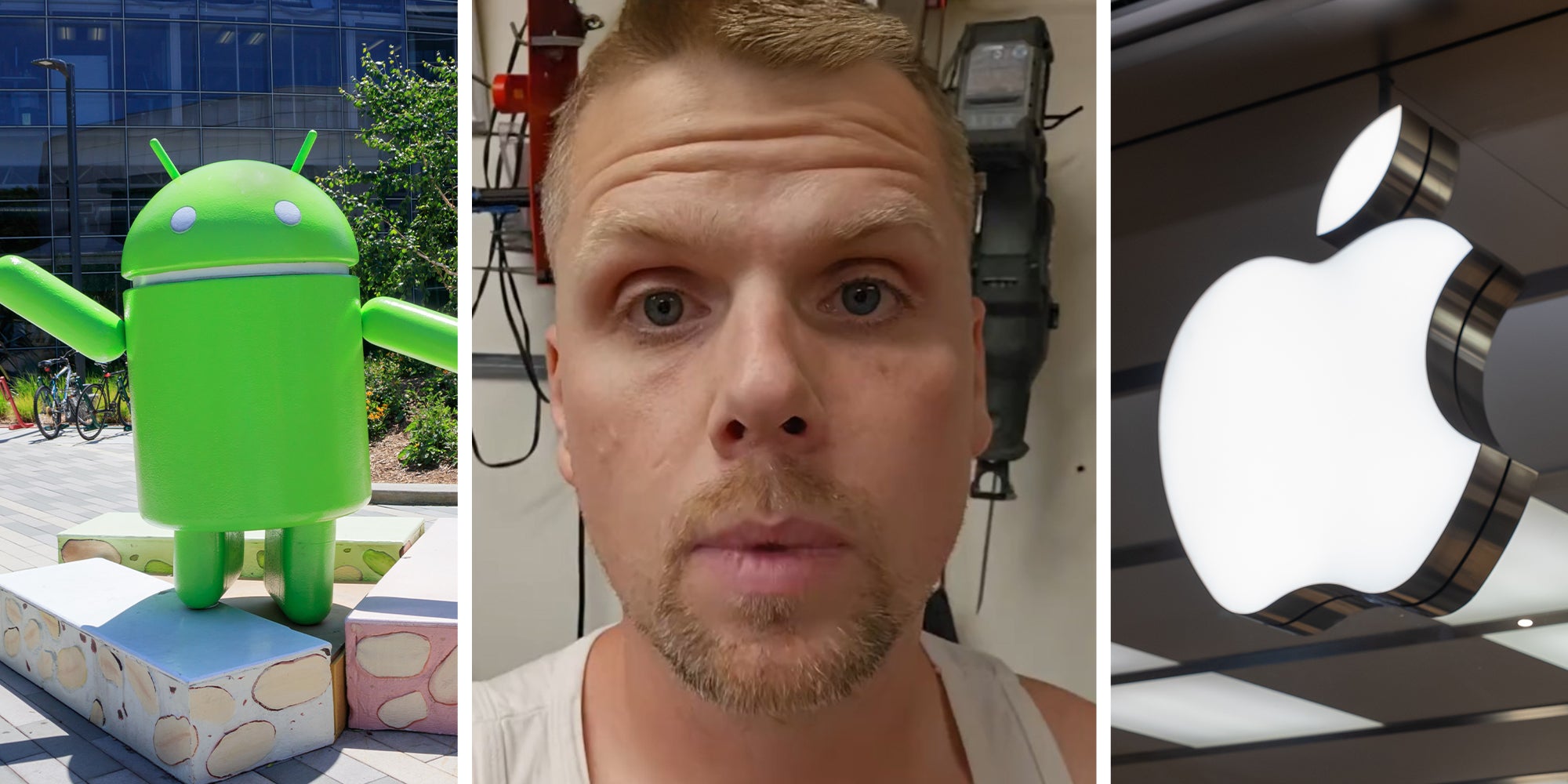 Android Mascot at Google Campus(l) Man Sharing android feature that apple iPhone does not have(l) Apple logo(r)