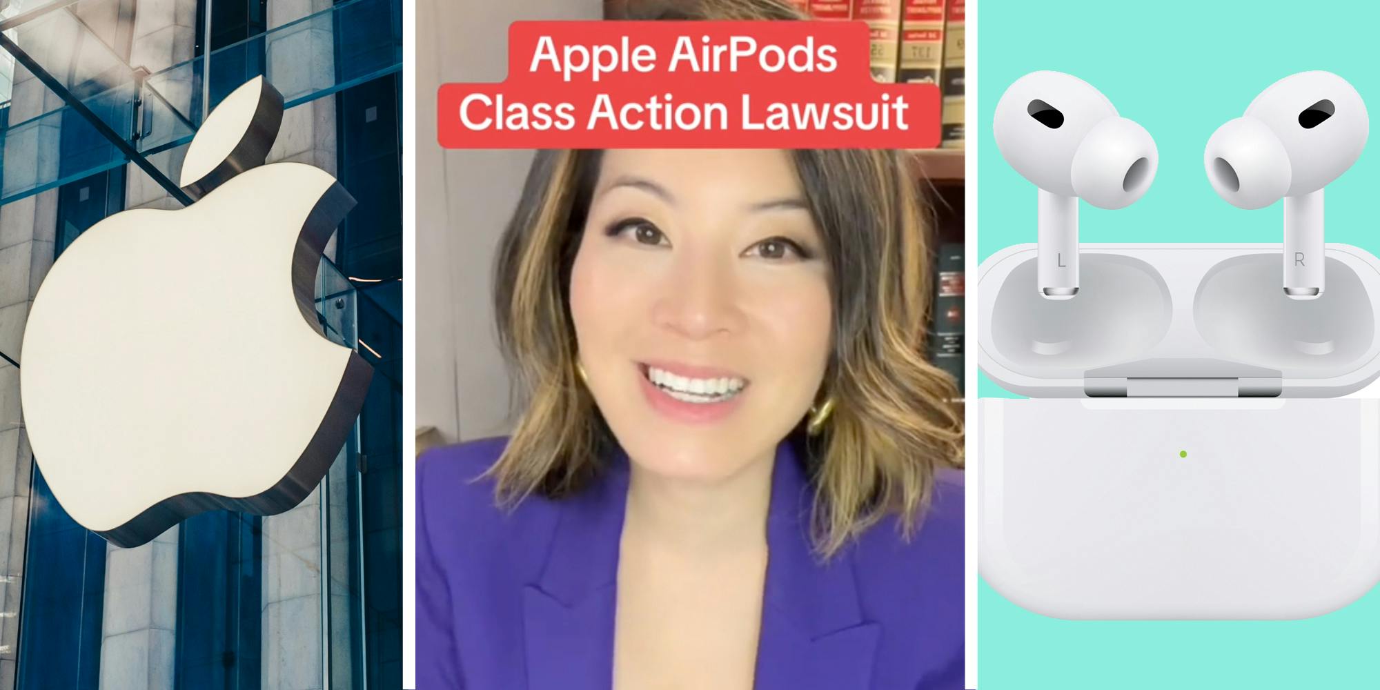 Apple logo(l), Woman talking with text that says "apple airpods class action lawsuit"(c), Apple airpod pros(r)