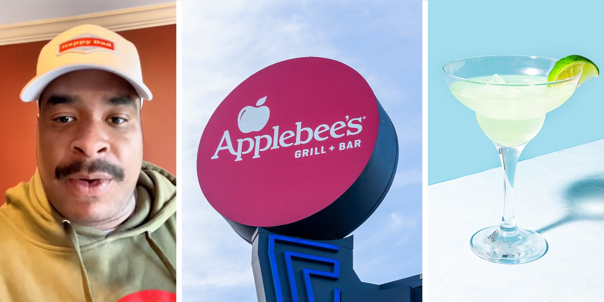 Man sharing his Applebee's Experience(l), Applebee's Grill and Bar sign(c); Margarita Drink(r)
