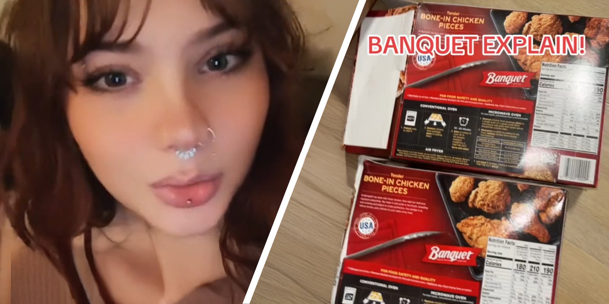 Woman shares on TikTok Banquet meals packaged Differences(l) Baquet Meals packaging(r)