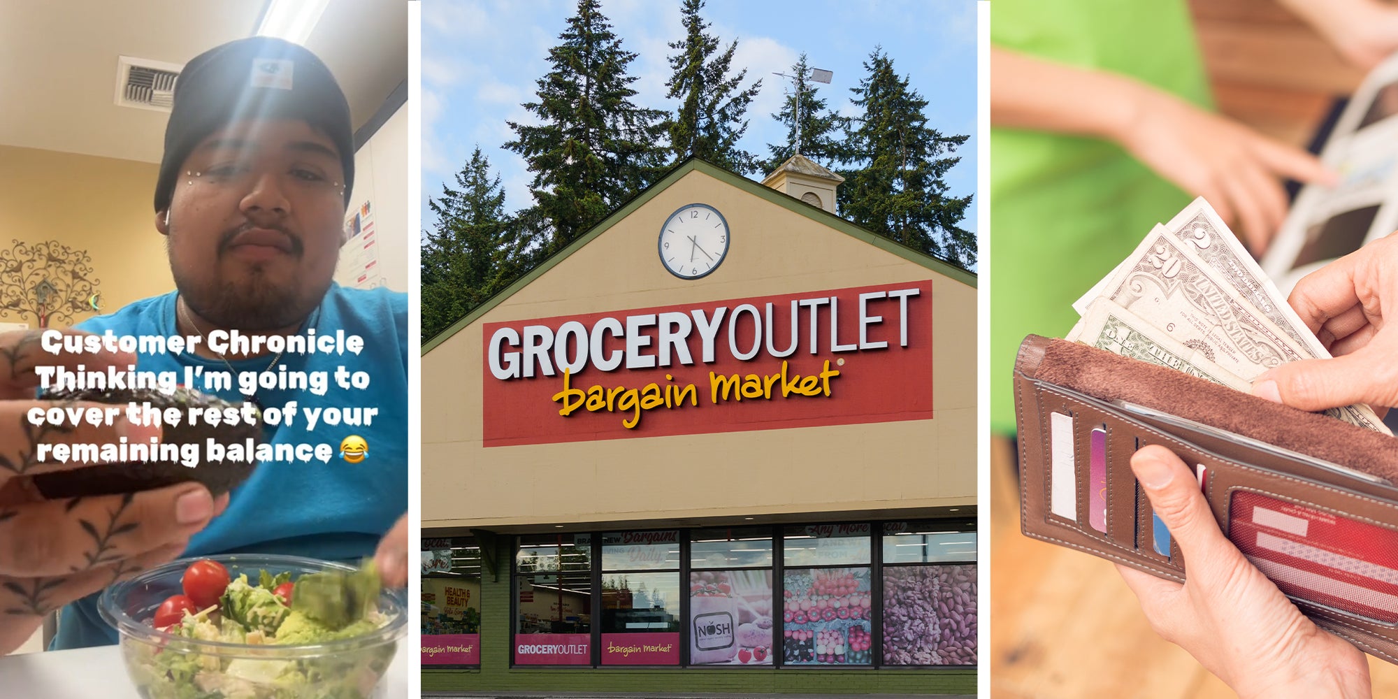 Worker at Grocery Outlet shares his experience with customer(r) Grocery Outlet Store Front(c) Wallet with Money(r)