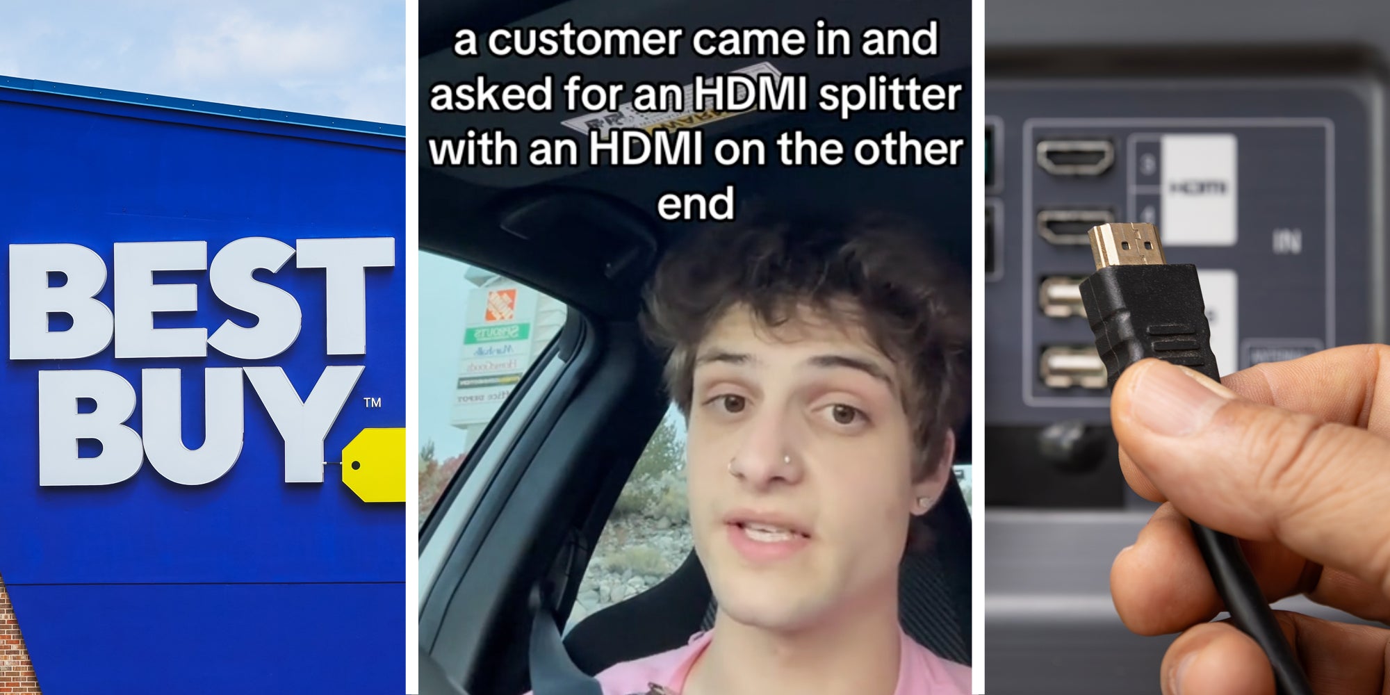Best Buy storefront(l), Man talking with text that says 'a customer came in and asked for an HDMI splitter with an HDMI on the other end'(c), Hand holding HDMI cable(r)