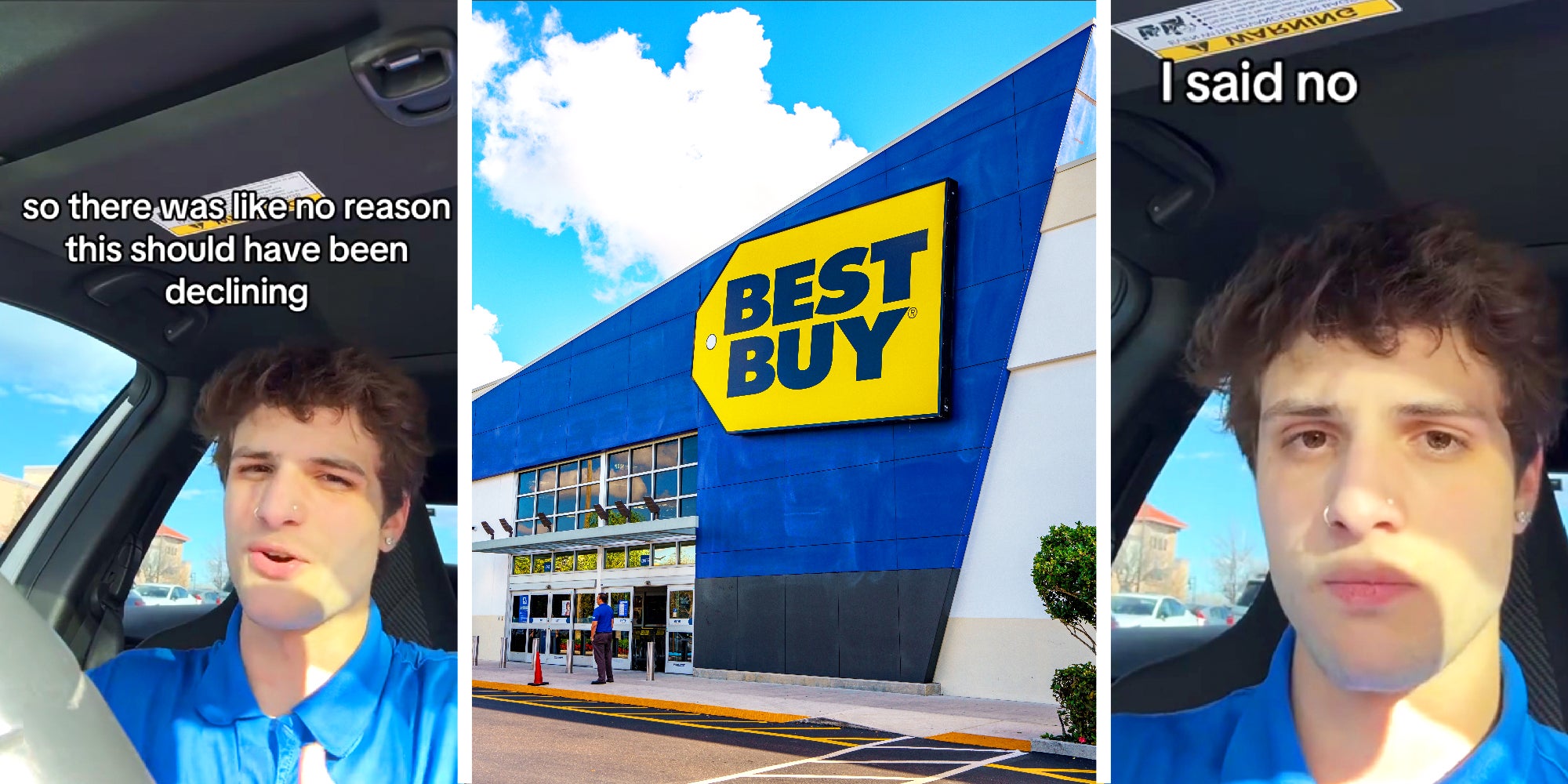 3 panel image. On the sides a Best Buy employees sits in his car. In the middle we see the exterior of a Best Buy store.