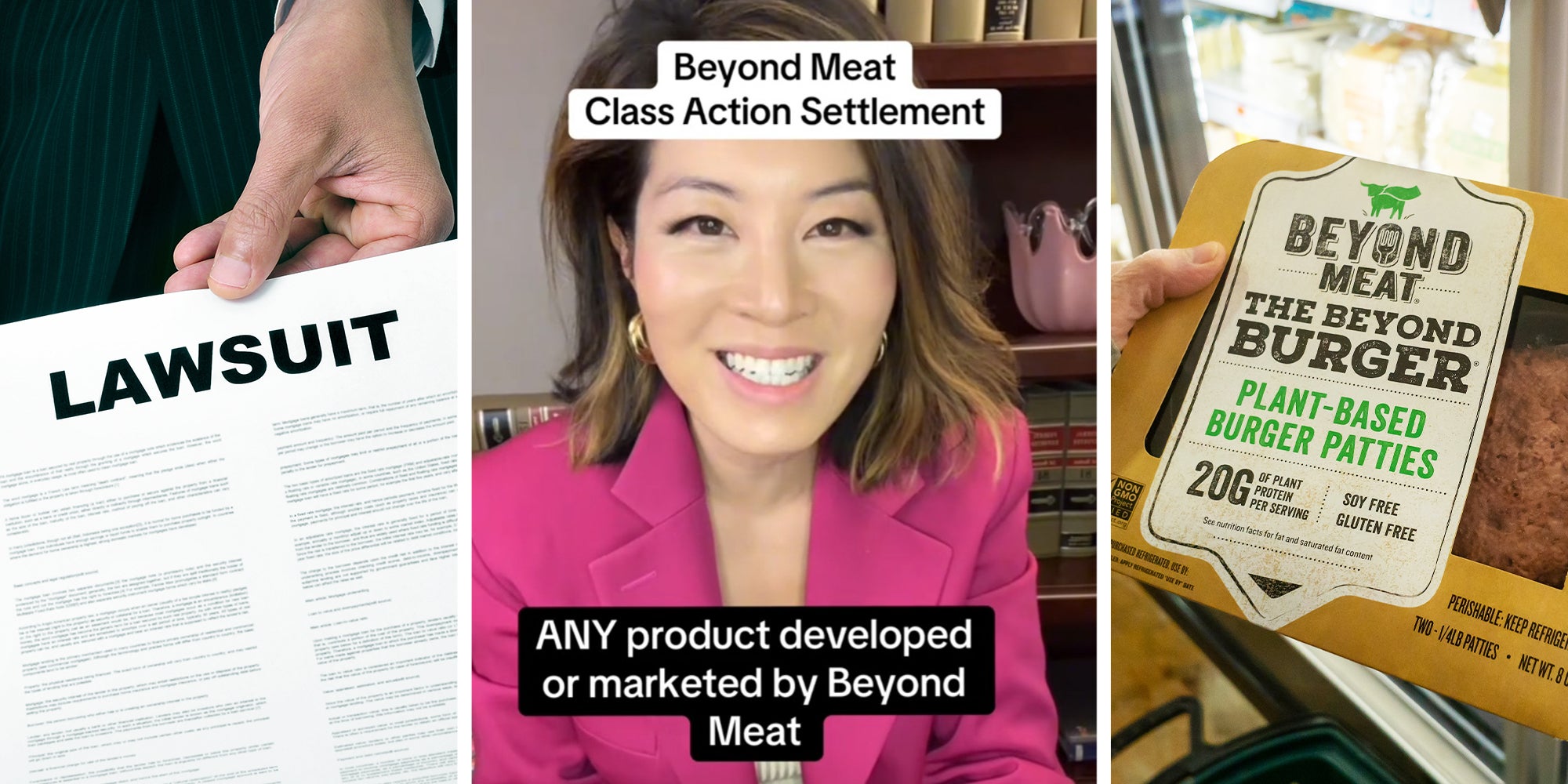 Person showing paper with the words 'Lawsuit' in bold black lettering(r) Woman sharing Beyond Meat Class Action(c) Holding up Beyond Meat Burger packaging(r)