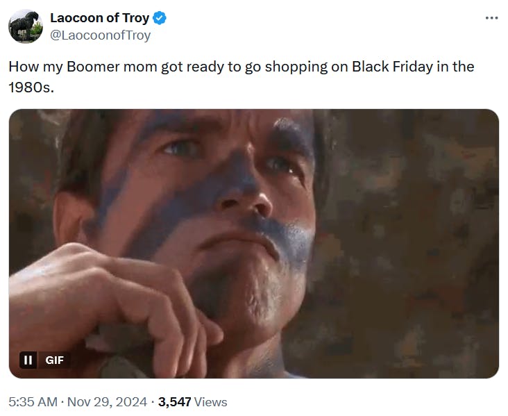 Black Friday meme with a gif of Arnold Schwarzenegger putting on war paint.