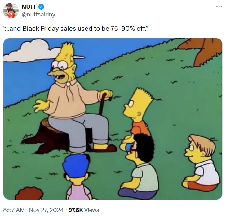 Black Friday meme in the 'Grandpa Simpson talking to the children' format.