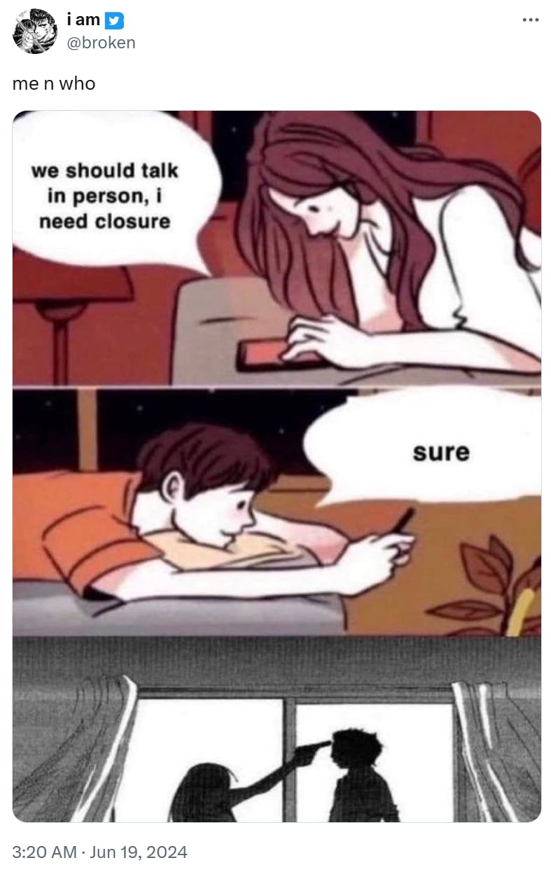 Boy and girl texting meme with a dark twist of the girl holding a gun to the boy's head in a third panel.