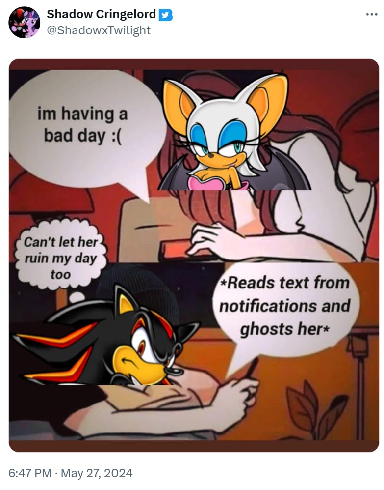 Boy and girl texting meme with the characters covered by Sonic the Hedgehog characters.